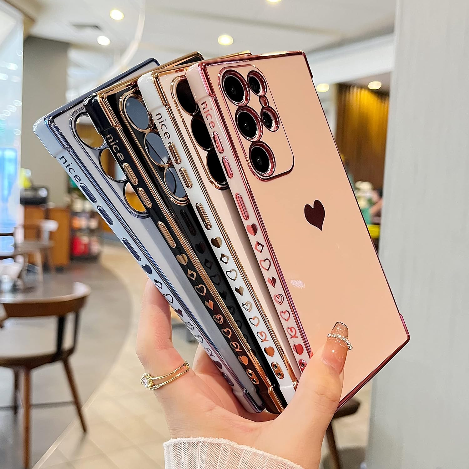 DEFBSC Funda compatible con Samsung Galaxy S22 Ultra, funda de corazón con borde galvanizado, protección completa de la cámara, esquinas reforzadas