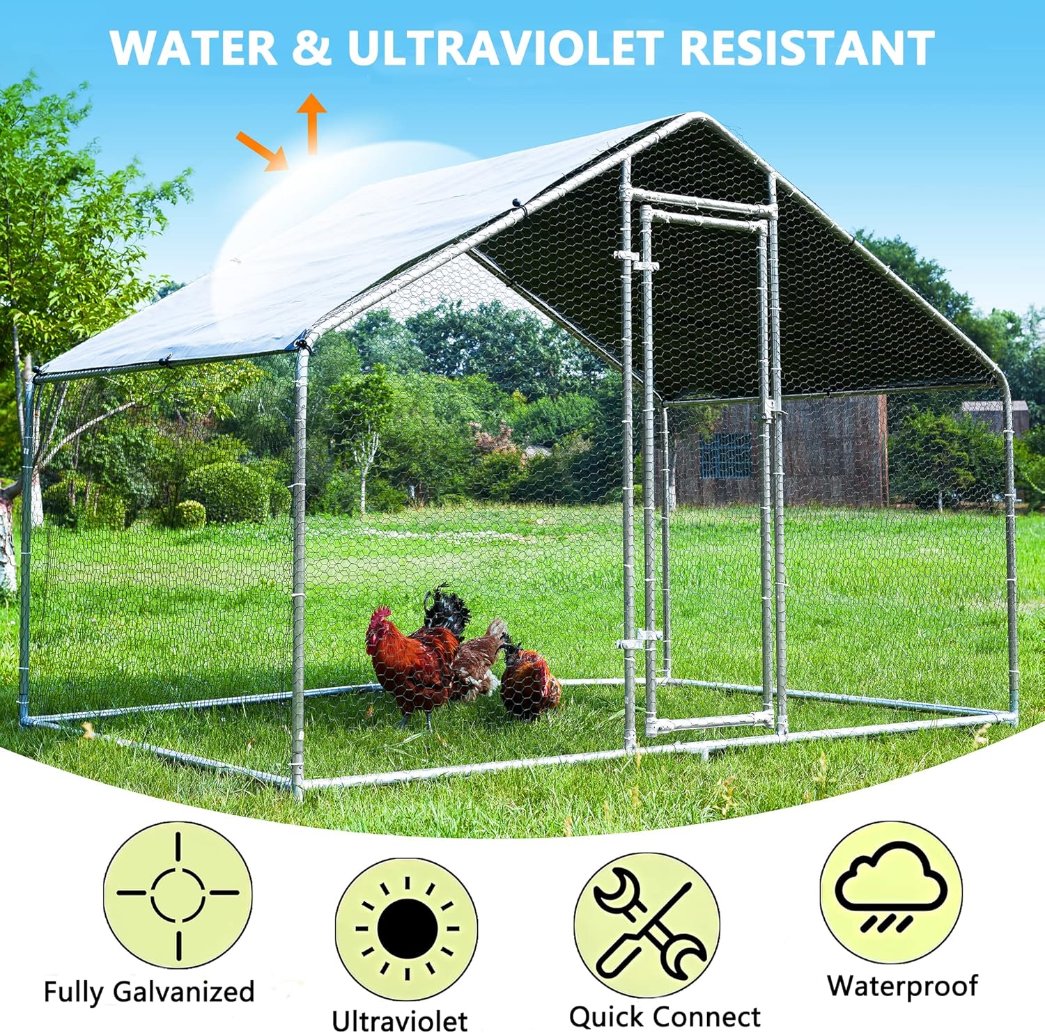 HITTITE Chicken Coop Run – Gallinero grande de metal, jaula de gallinero para caminar al aire libre, resistente en forma de espiro, con cubierta
