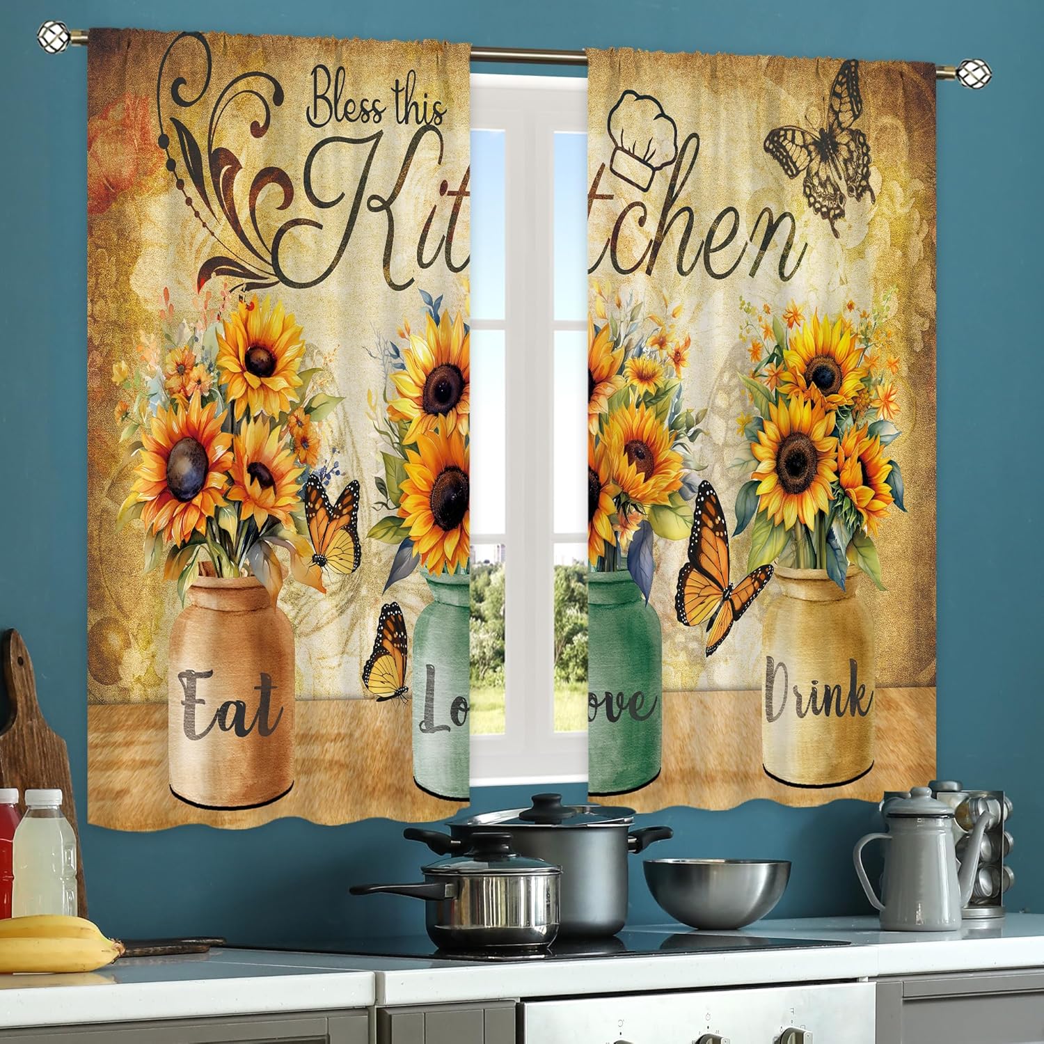 Cortinas de cocina de girasol para dormitorio, 27.5 pulgadas de ancho x 39 pulgadas de alto, bolsillo para barra, retro, rústico, amarillo, floral,
