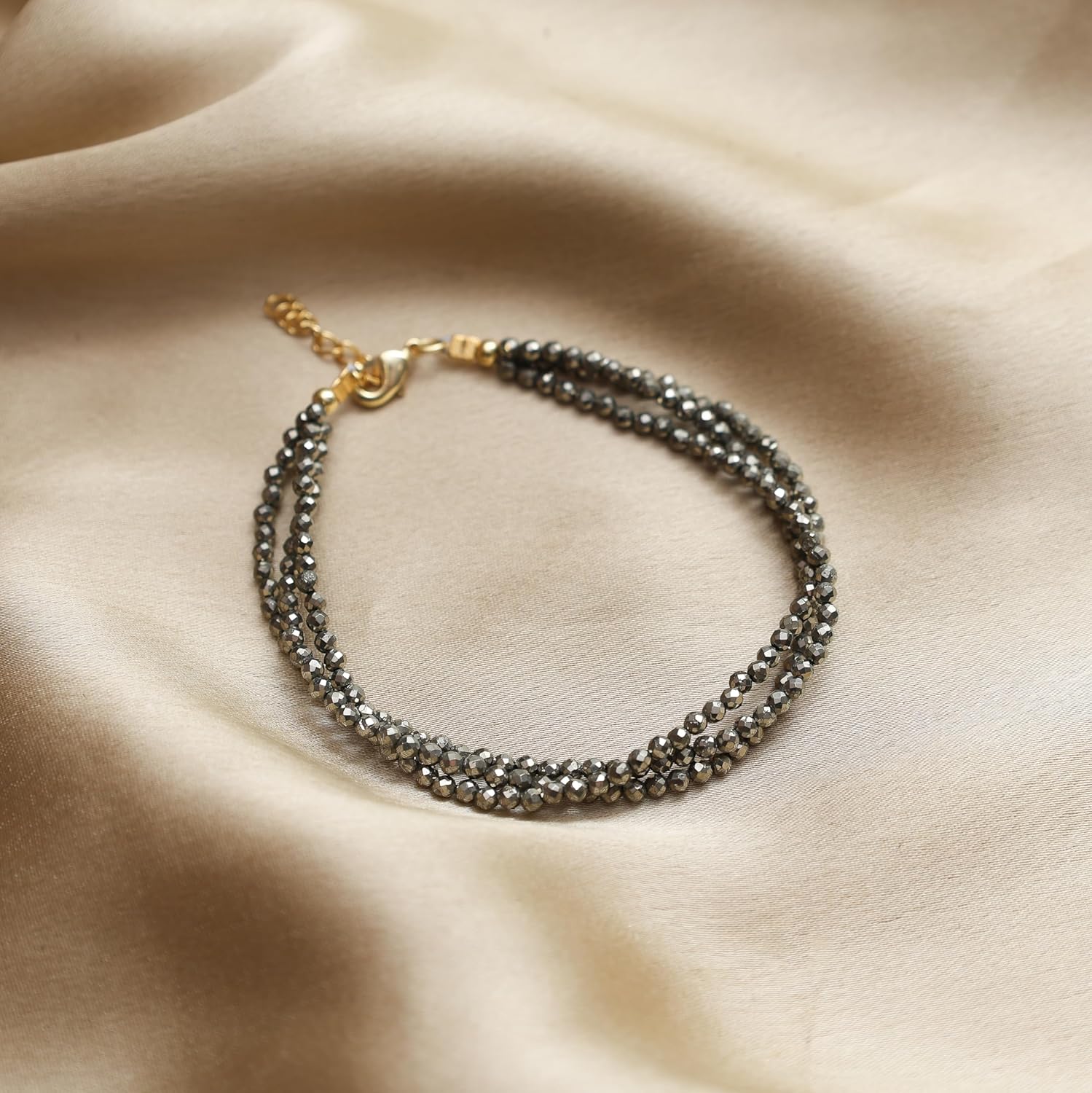 Gempires Pyrite 3 Layered Beaded Bracelet, Faceted Beads, Birthstone Healing Crystals, Gift for Her, 14k Gold Plated Jewelry for Women, 8 inch