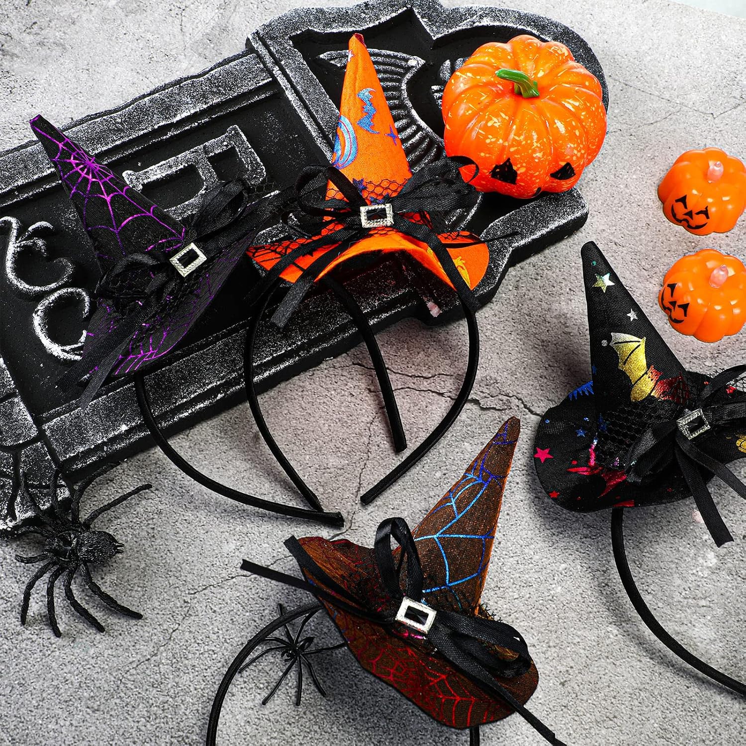 16 piezas de sombrero de bruja de Halloween, diadema para disfraz de bruja, accesorios de telaraña, diadema de calabaza puntiaguda, diadema para
