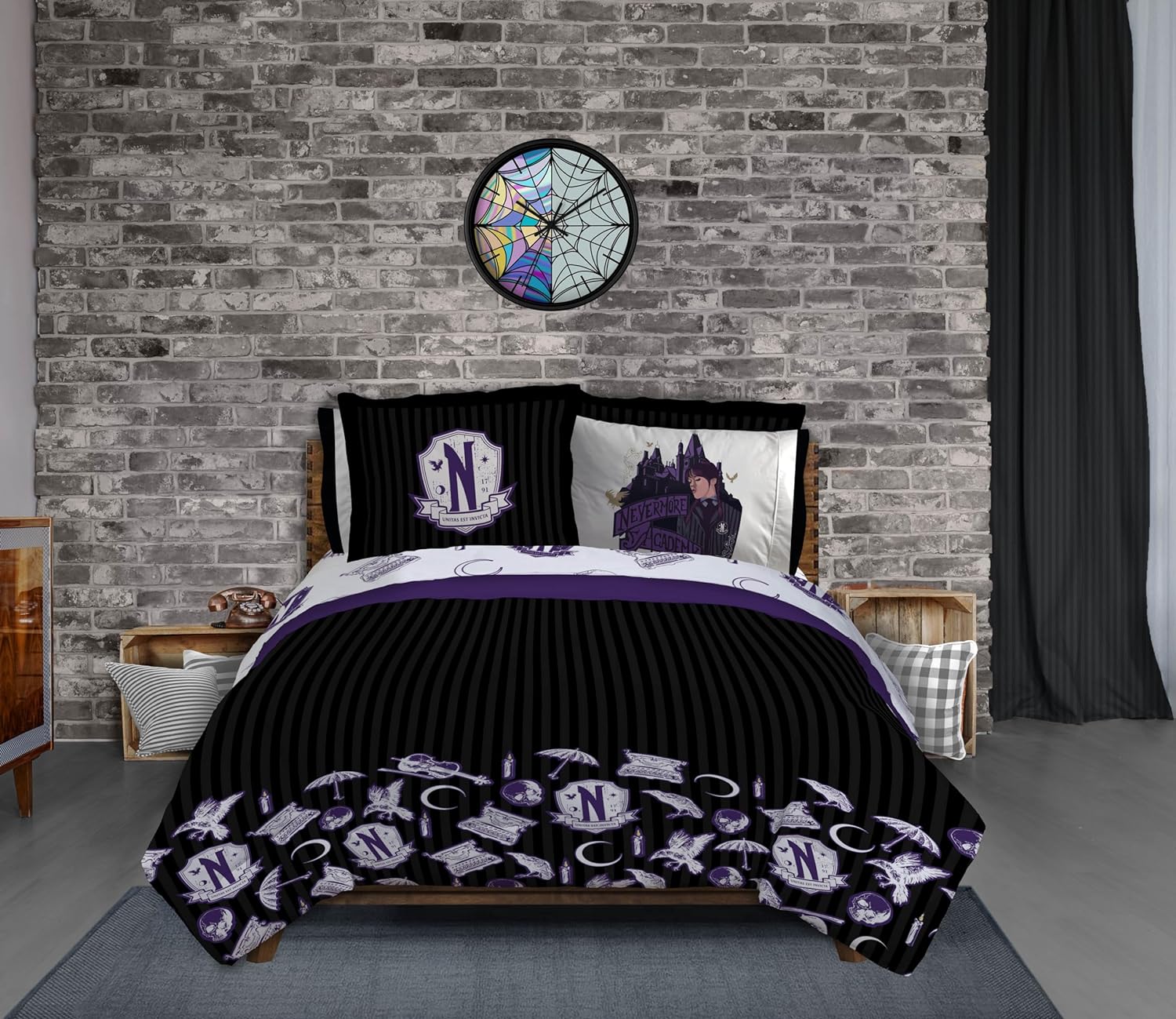 Wednesday Addams – Juego de edredón tamaño matrimonial, ropa de cama de 7 piezas, incluye juego de sábanas y fundas de almohada, ropa de cama súper