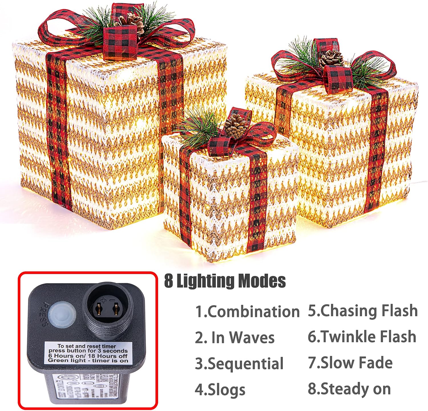 Sunnyglade Juego de 3 cajas de regalo iluminadas de Navidad de 10 a 8 a 6 pulgadas, cajas de decoración con enchufe, lazos, hojas de pino