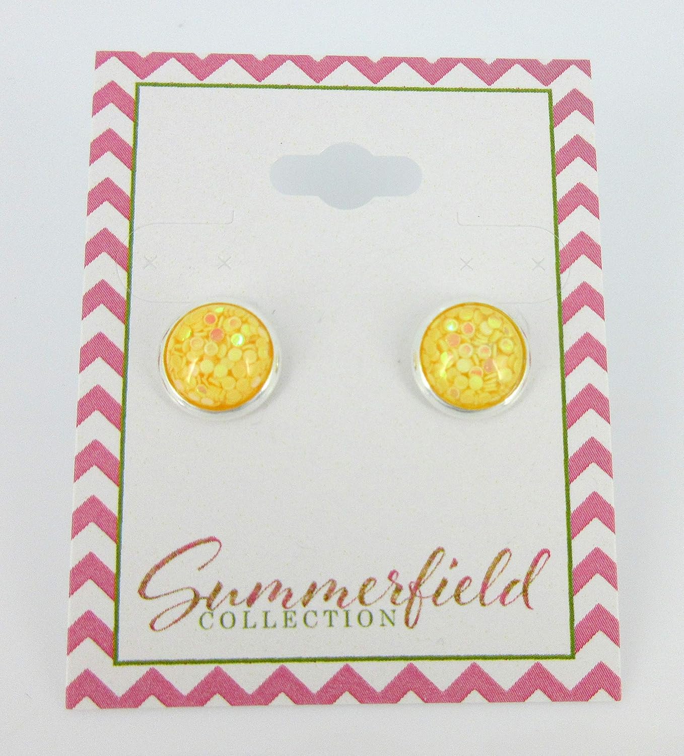 Summerfield Collection Shiny Silver-tone Iridescent Glitter Resin Stud Earrings 10mm (Yellow)