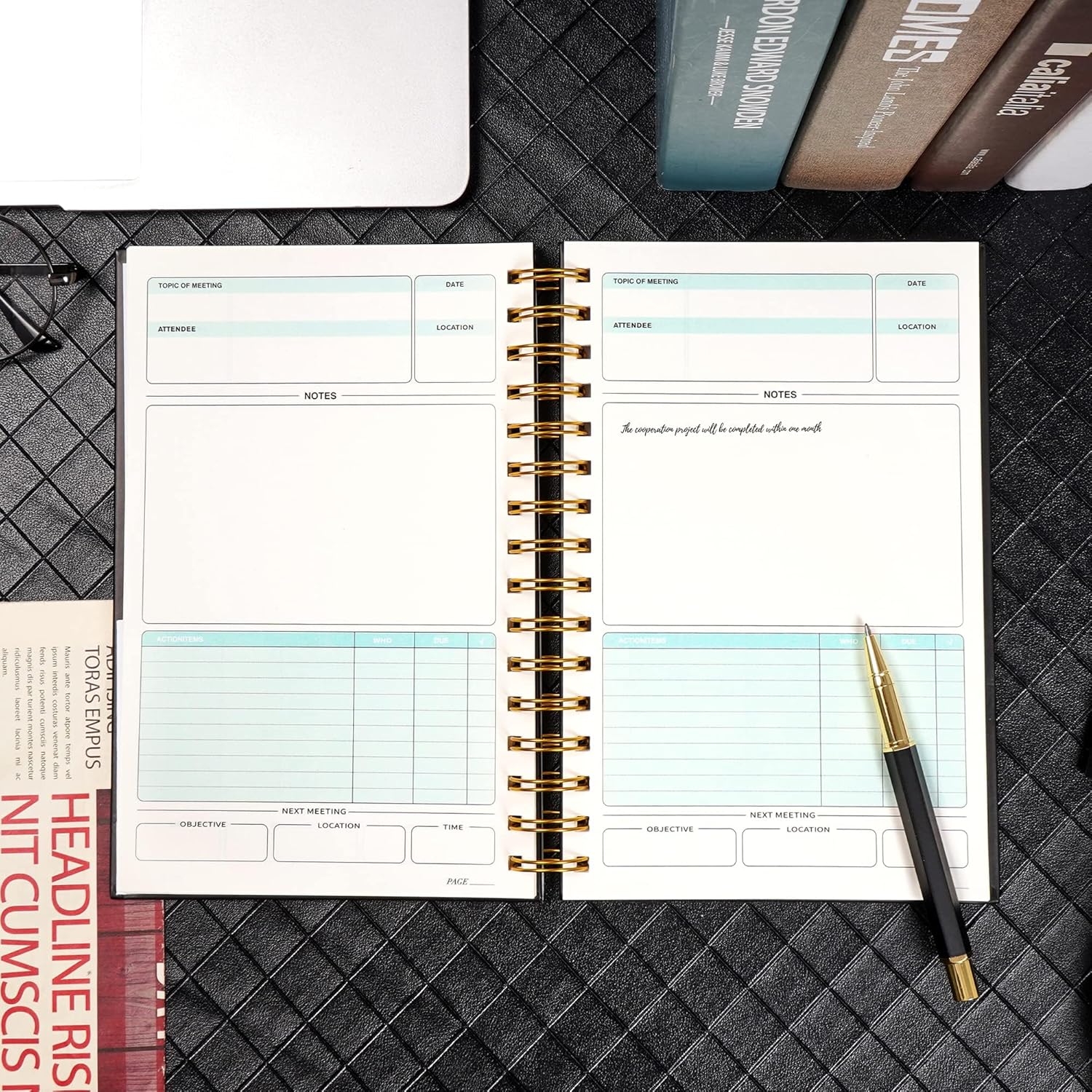 Cuaderno de reuniones para el trabajo con artículos de acción de 5.5 x 8.5 pulgadas, planificador de reuniones en espiral de tapa dura para oficina,
