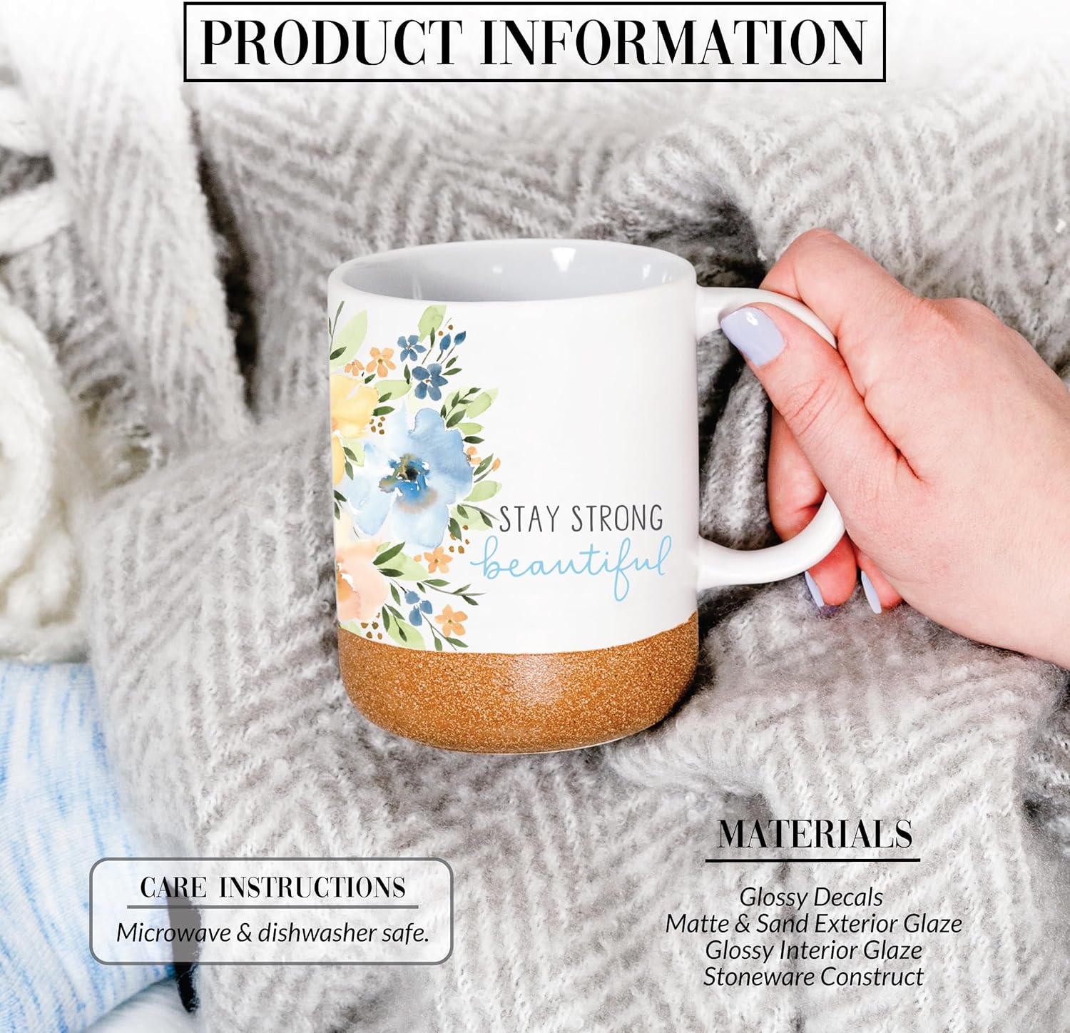 Pavilion Gift Company Stay Strong Beautiful – Taza de cerámica de 16 onzas con fondo glaseado de arena, floral, taza de café de mango grande, regalo