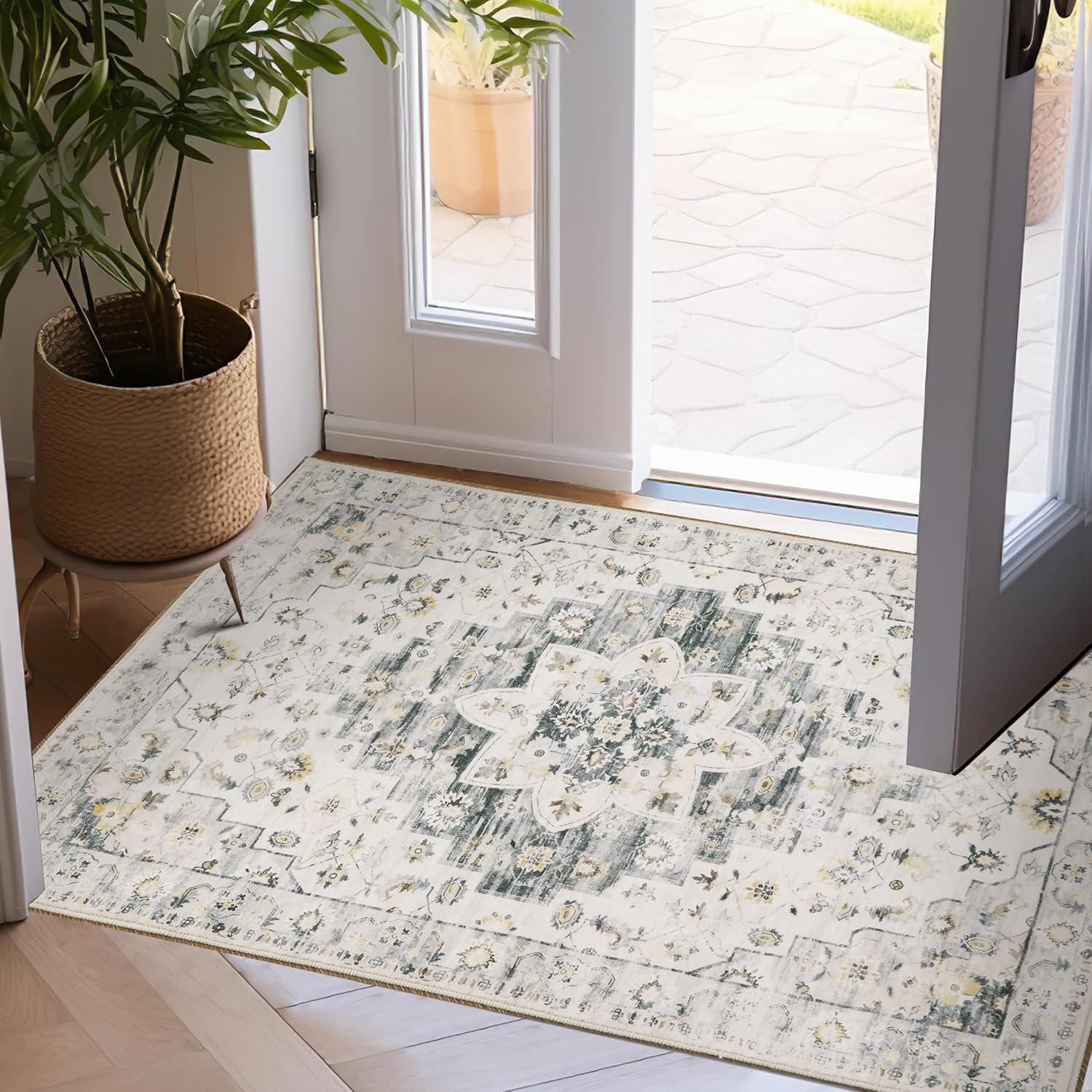 jinchan Alfombra de área de 2 x 3 pulgadas, lavable, para interiores, vintage, con estampado múltiple, retro, envejecida, ligera, antideslizante,