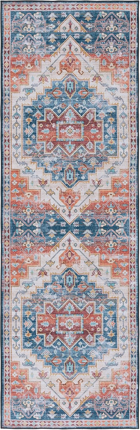 SAFAVIEH Tucson Collection – Alfombra de pasillo de 2 pies 6 pulgadas x 12 pies, color azul y óxido, diseño de medallón persa, lavable a máquina,