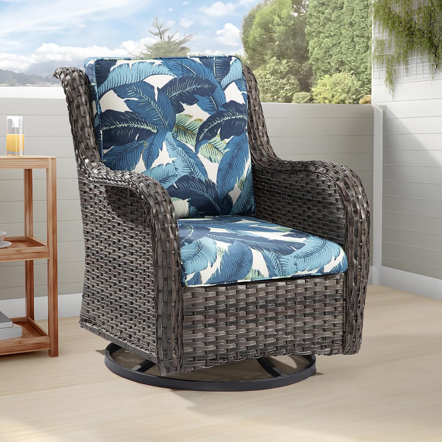 Gardenbee Silla mecedora giratoria para exteriores, sillas giratorias de patio con respaldo alto, muebles de mimbre, 1 mecedora giratoria de ratán