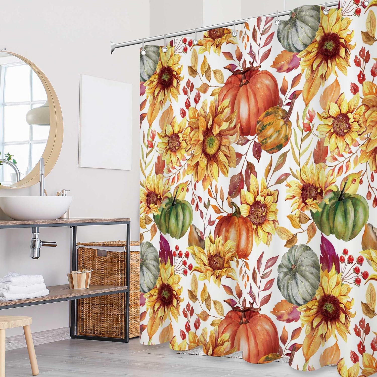 Juego de cortinas de ducha de 72 x 72 pulgadas con diseño de calabazas, estilo bohemio, retro, acuarela, girasol, para otoño, cosecha, granja, baño,