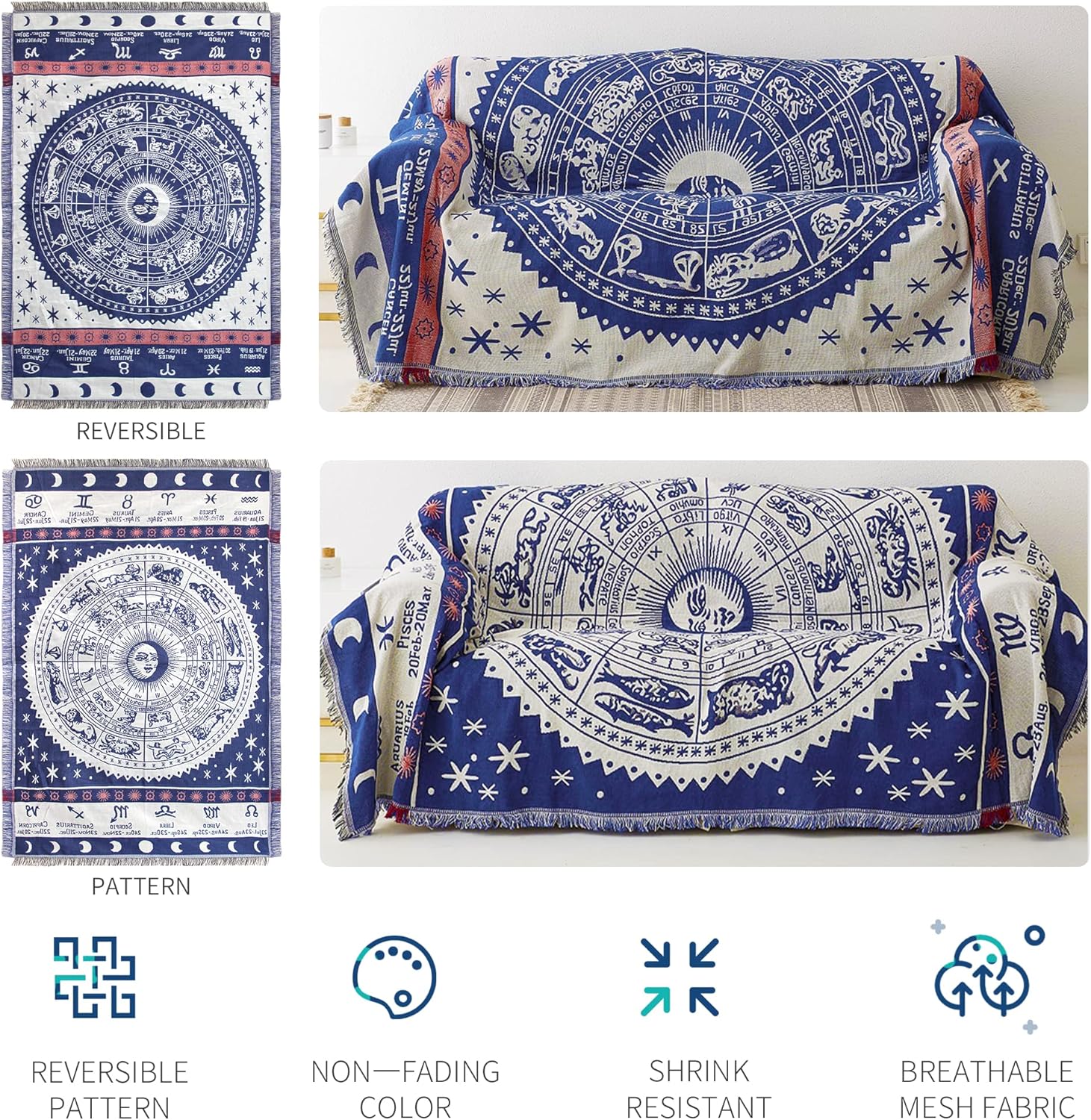 Astrology Throw BlanketBohemian Hippie Woven Witchy Zodiac Celestial Constellation Balnket for Home Decor, Double Side CoverChair Sofa Couch(Blue,