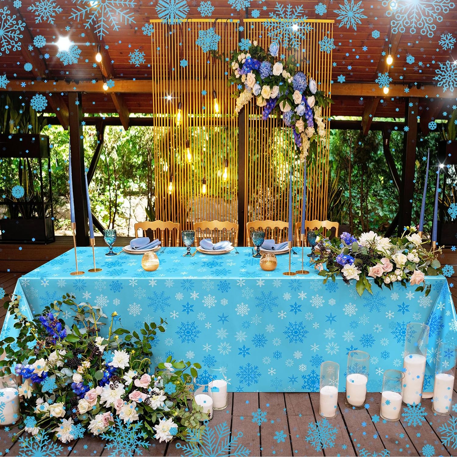 Ganeen 12 manteles desechables de plástico de invierno con copos de nieve azules y copos de nieve, mantel rectangular de 54 x 108 pulgadas para