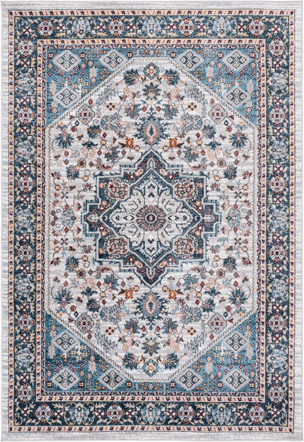 SAFAVIEH Bayside Collection – Alfombra de área, 5.3 x 7.6 pies, color azul y gris, diseño oriental tradicional, no desprende pelusa y de fácil