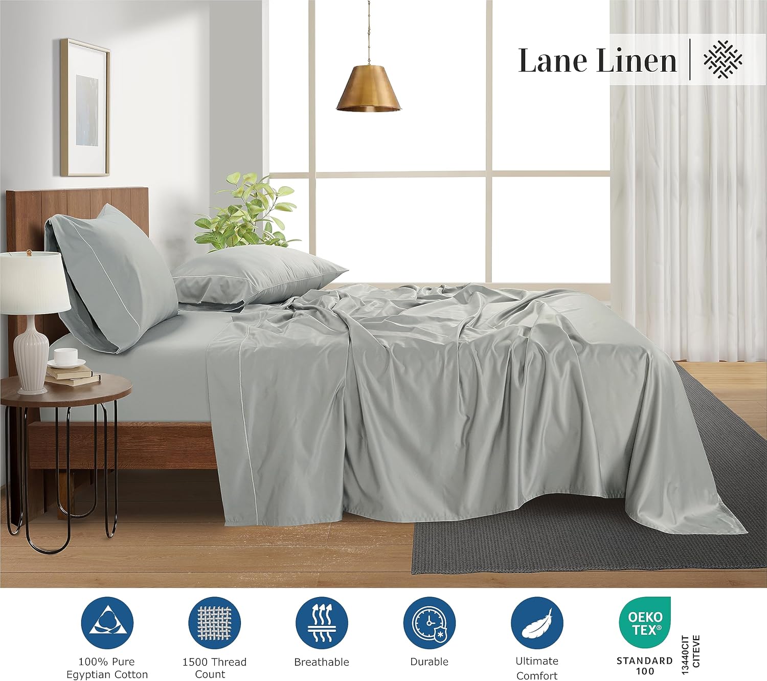 LANE LINEN Juego de sábanas de 100% algodón egipcio, 1500 hilos, 4 piezas, sábanas de algodón tamaño Queen, sábanas de lujo con tejido satinado,