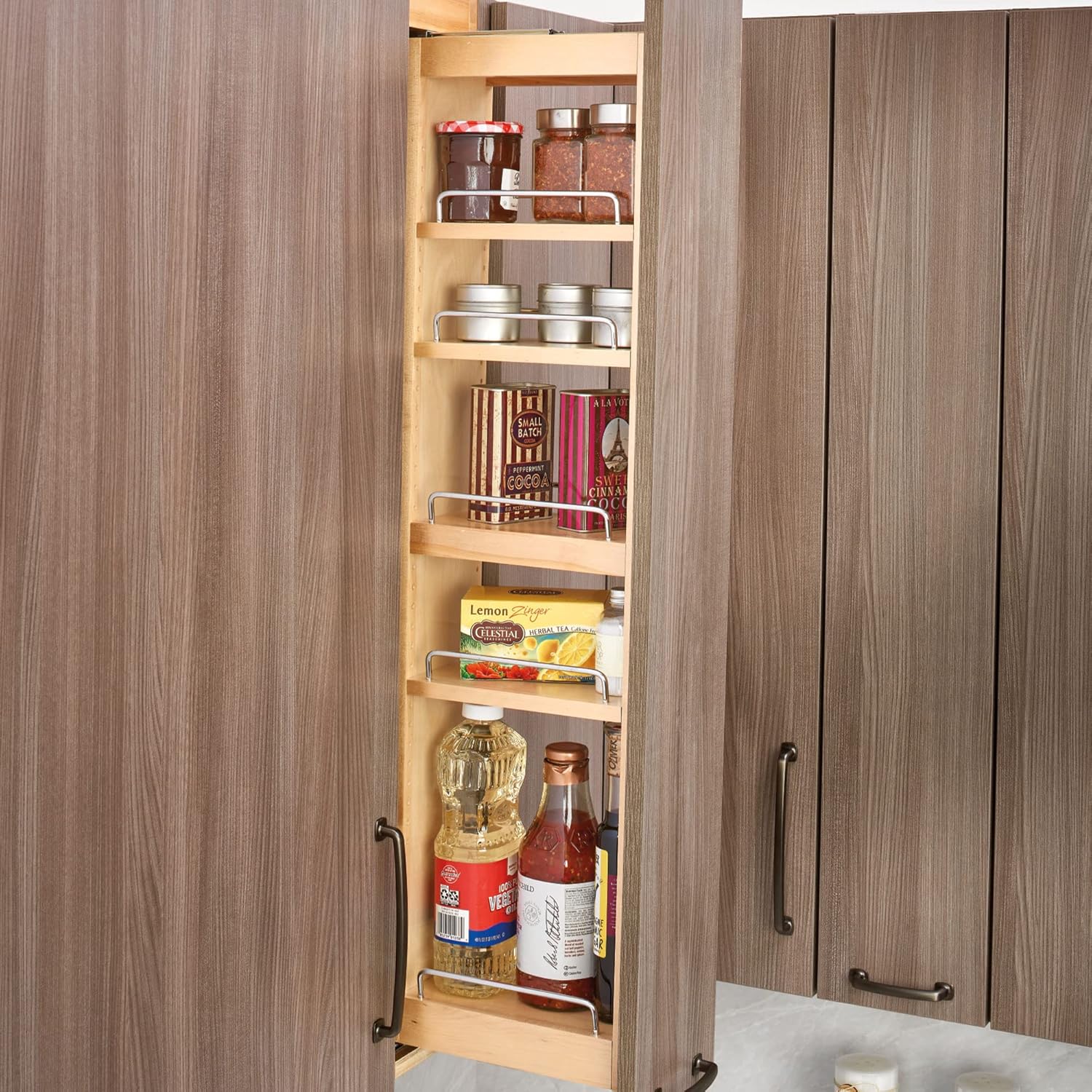 Rev-A-Shelf Organizador de madera extraíble para armario de cocina, almacenamiento de despensa deslizante con cierre suave en varios tamaños, madera
