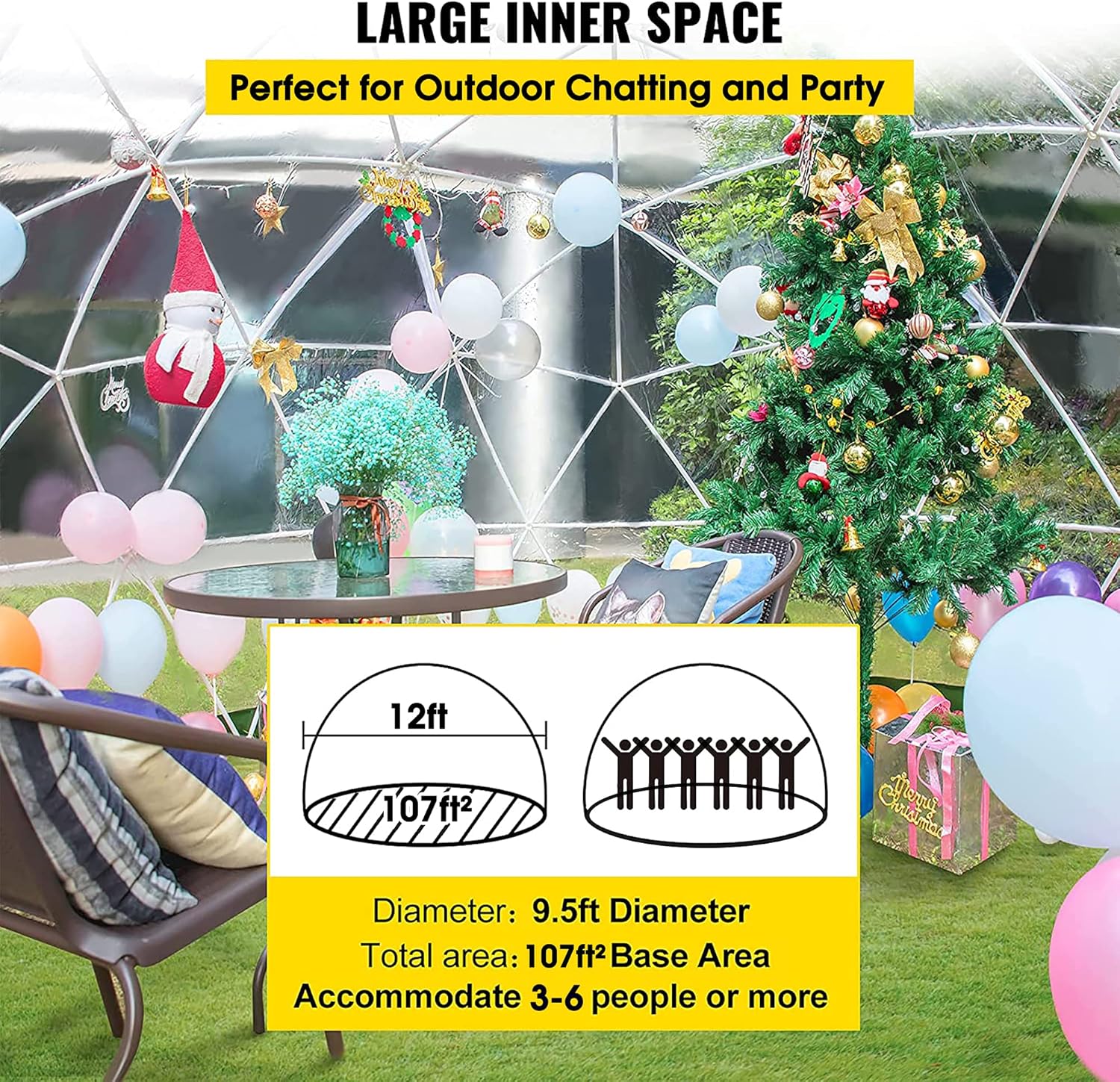Igloo de domo de invernadero para jardín, 12 x 7.2 pies, carpas de PVC con cúpula de PVC, resistente a la intemperie, con 2 cuerdas de luz de 32.8