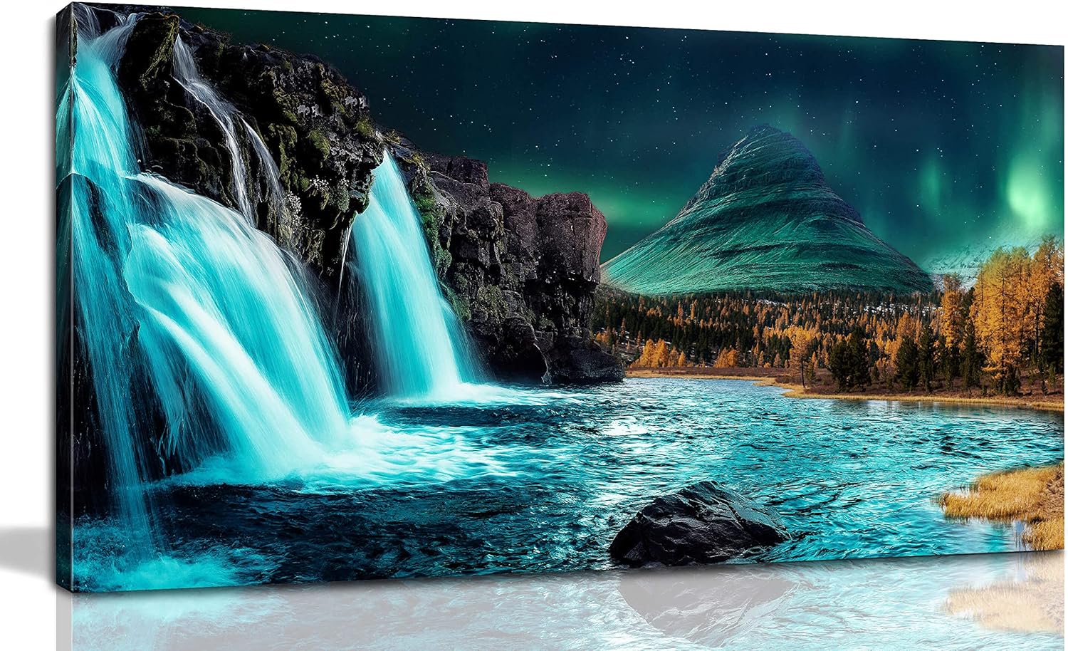 THRLVEART Lienzo decorativo de pared en cascada grande  Decoración de sala de estar verde azulado  Luces del norte, arte de pared moderno para el