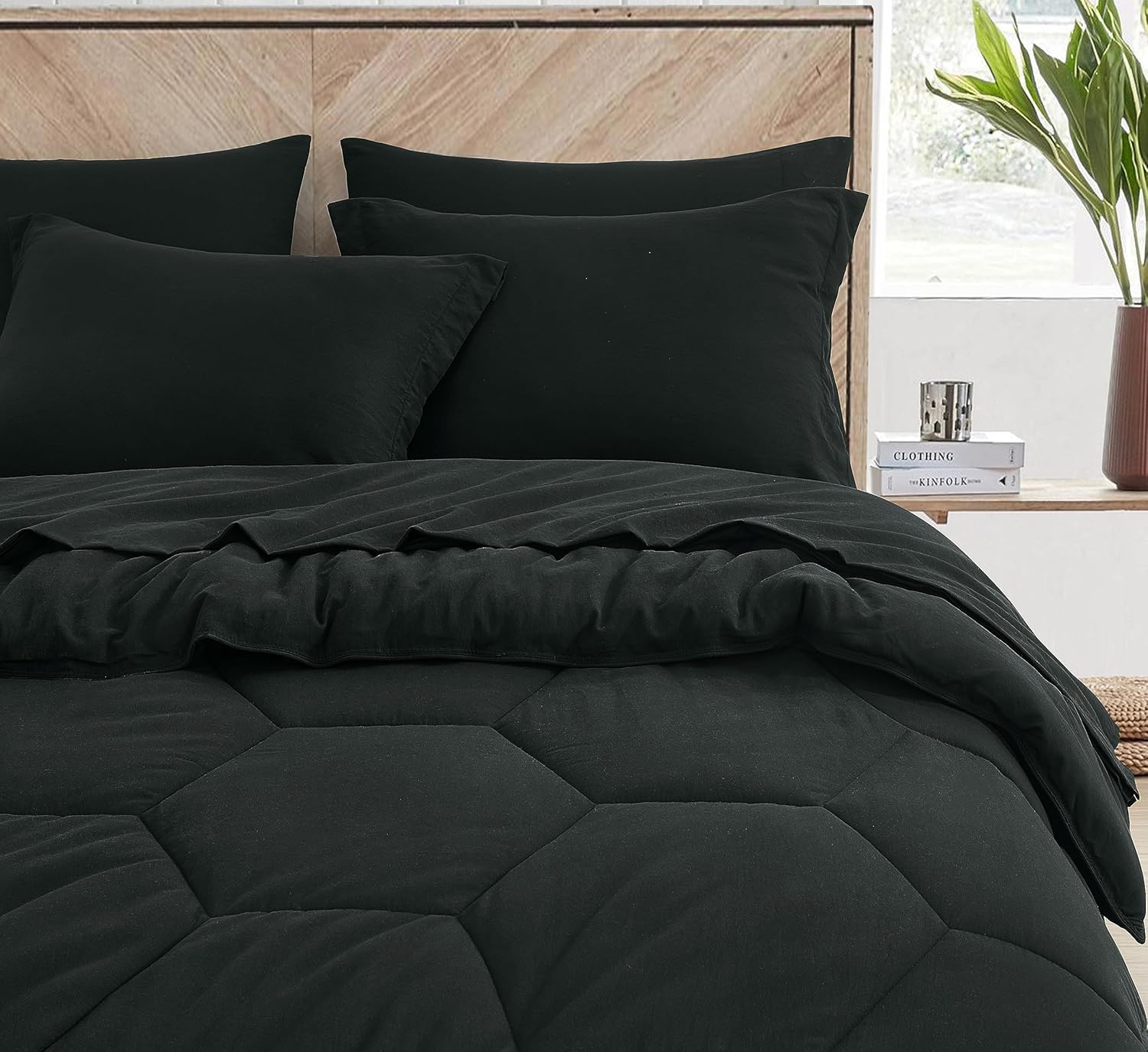 Chezmoi Collection Piper – Juego de cama matrimonial en una bolsa, 7 piezas con diseño geométrico de panal de abeja, acolchado de microfibra lavada