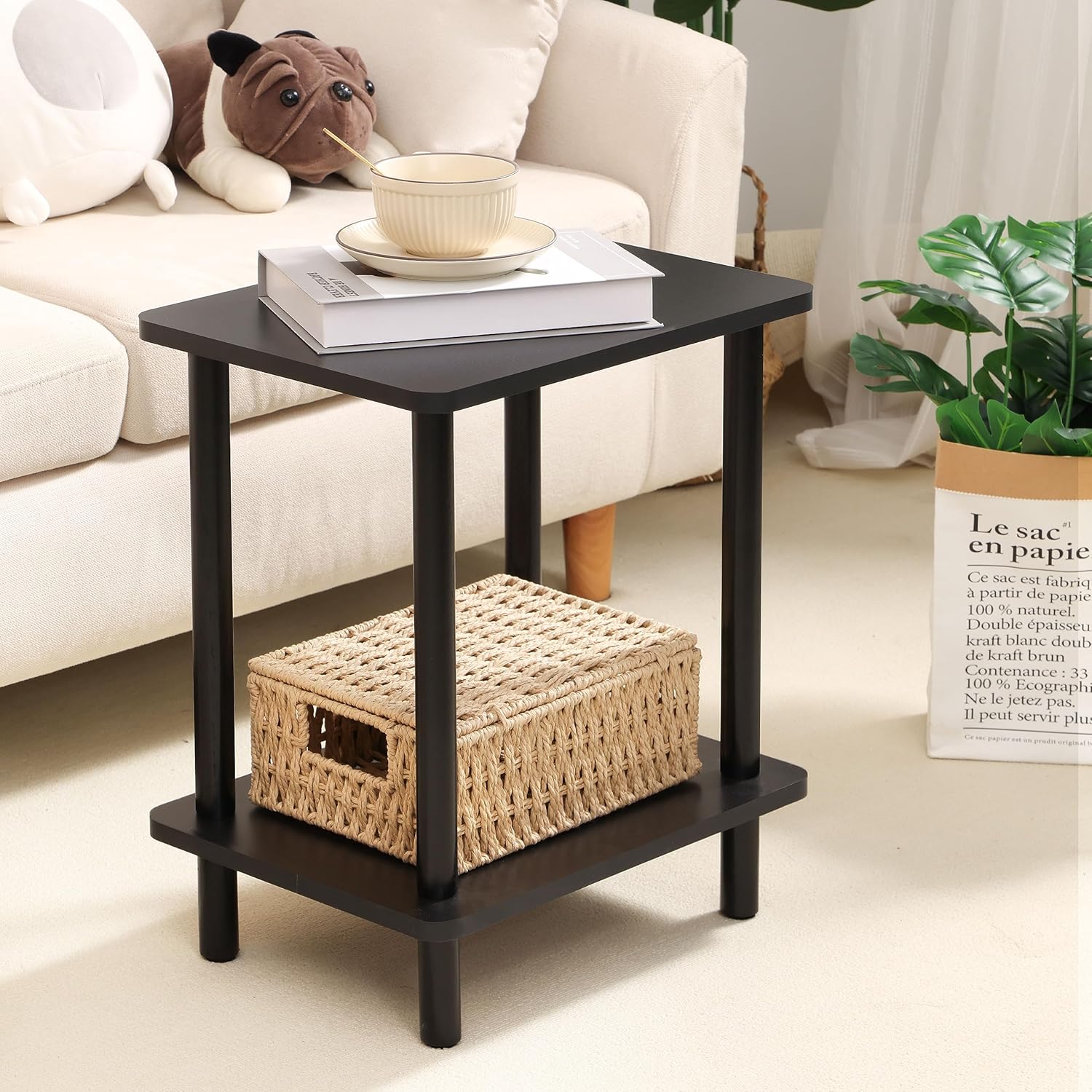 Yawinhe Mesa auxiliar de 2 niveles, mesita de noche de 15.7 x 11.8 x 20.5 pulgadas con estante de almacenamiento, moderna mesa auxiliar de madera,