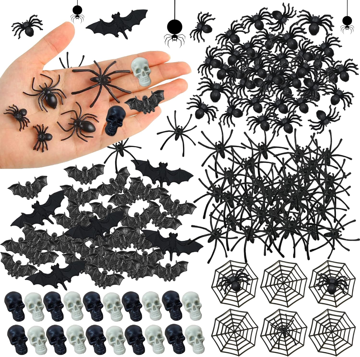 DRWATE Murciélagos de plástico para Halloween, arañas, cabeza de cráneo, 150 unidades, mini murciélagos, arañas, cabezas de cráneo, telarañas para