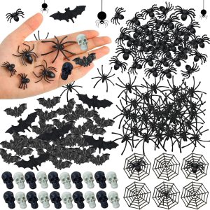 DRWATE Murciélagos de plástico para Halloween, arañas, cabeza de cráneo, 150 unidades, mini murciélagos, arañas, cabezas de cráneo, telarañas para DRWATE Murciélagos de plástico para Halloween, arañas, cabeza de cráneo, 150 unidades, mini murciélagos, arañas, cabezas de cráneo, telarañas para