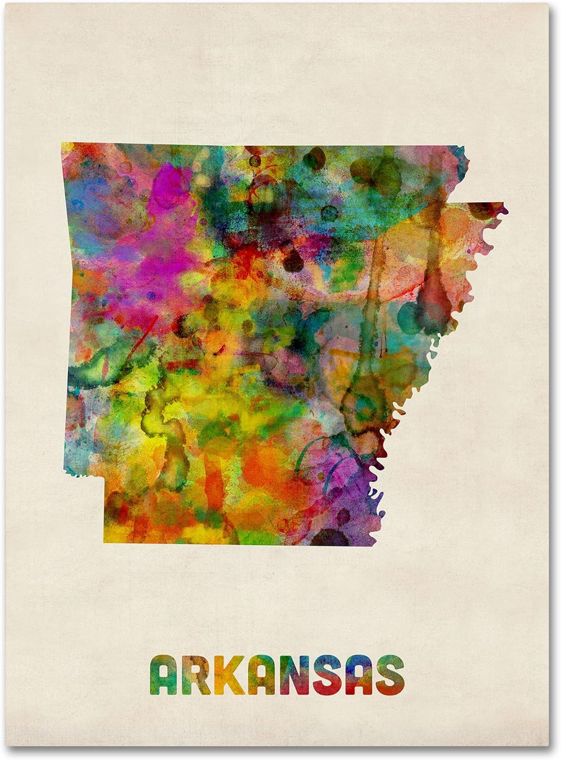 Mapa de Arkansas por Michael Tompsett, arte de pared en lienzo de 14 x 19 pulgadas