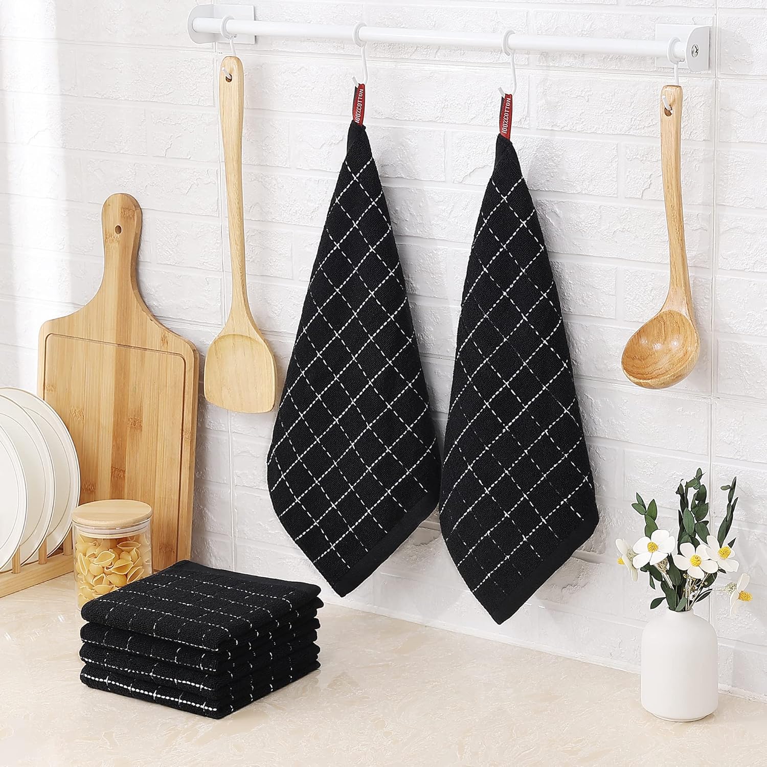 Homaxy Trapos de cocina de rizo de 100% algodón, ultra suaves y absorbentes, paños de secado rápido, 12 unidades, 12 x 12 pulgadas, color negro