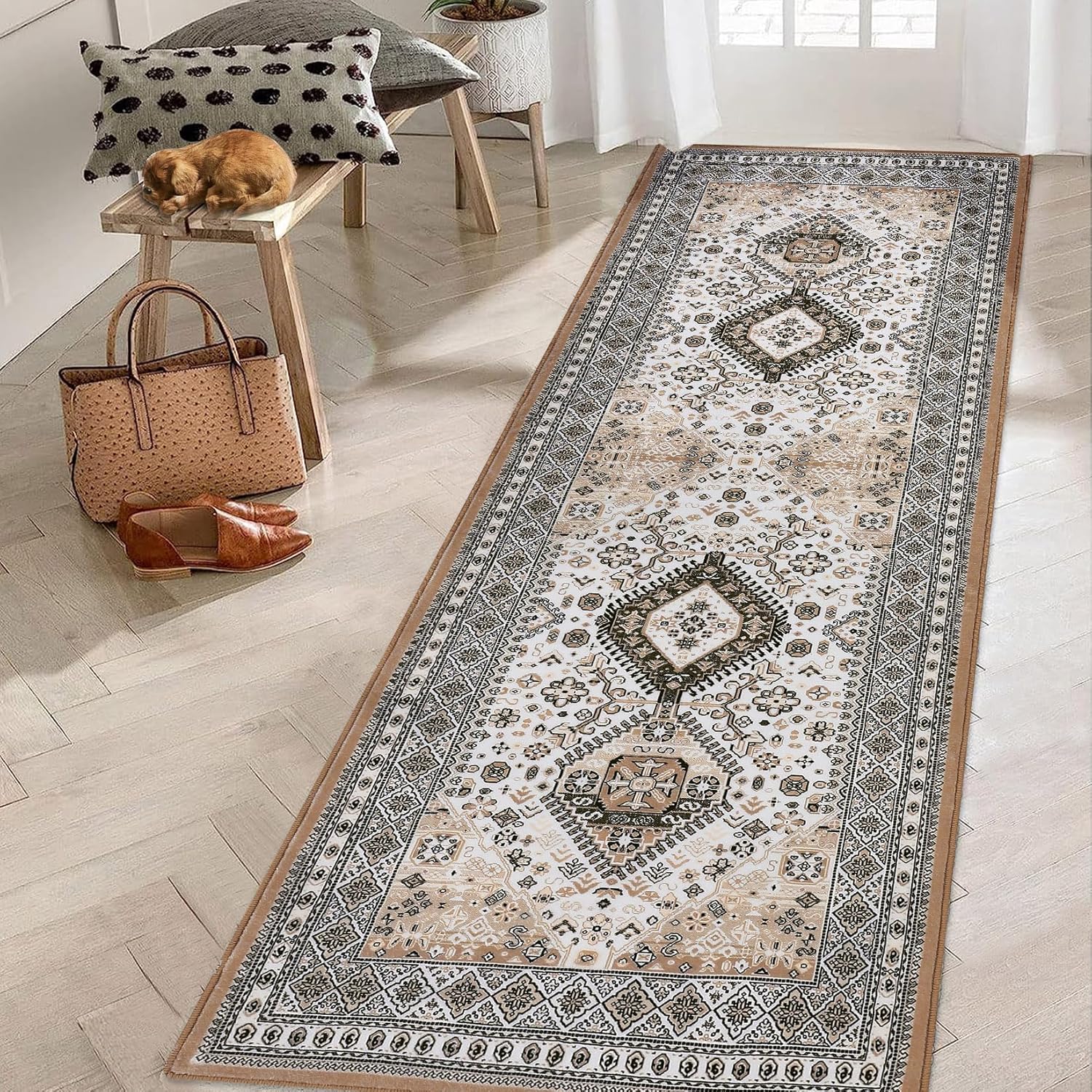 Alfombra bohemia de 2 x 6 pies, lavable, vintage, suave, envejecida, oriental, antideslizante, no se desprende, alfombra fina de pelo corto, para