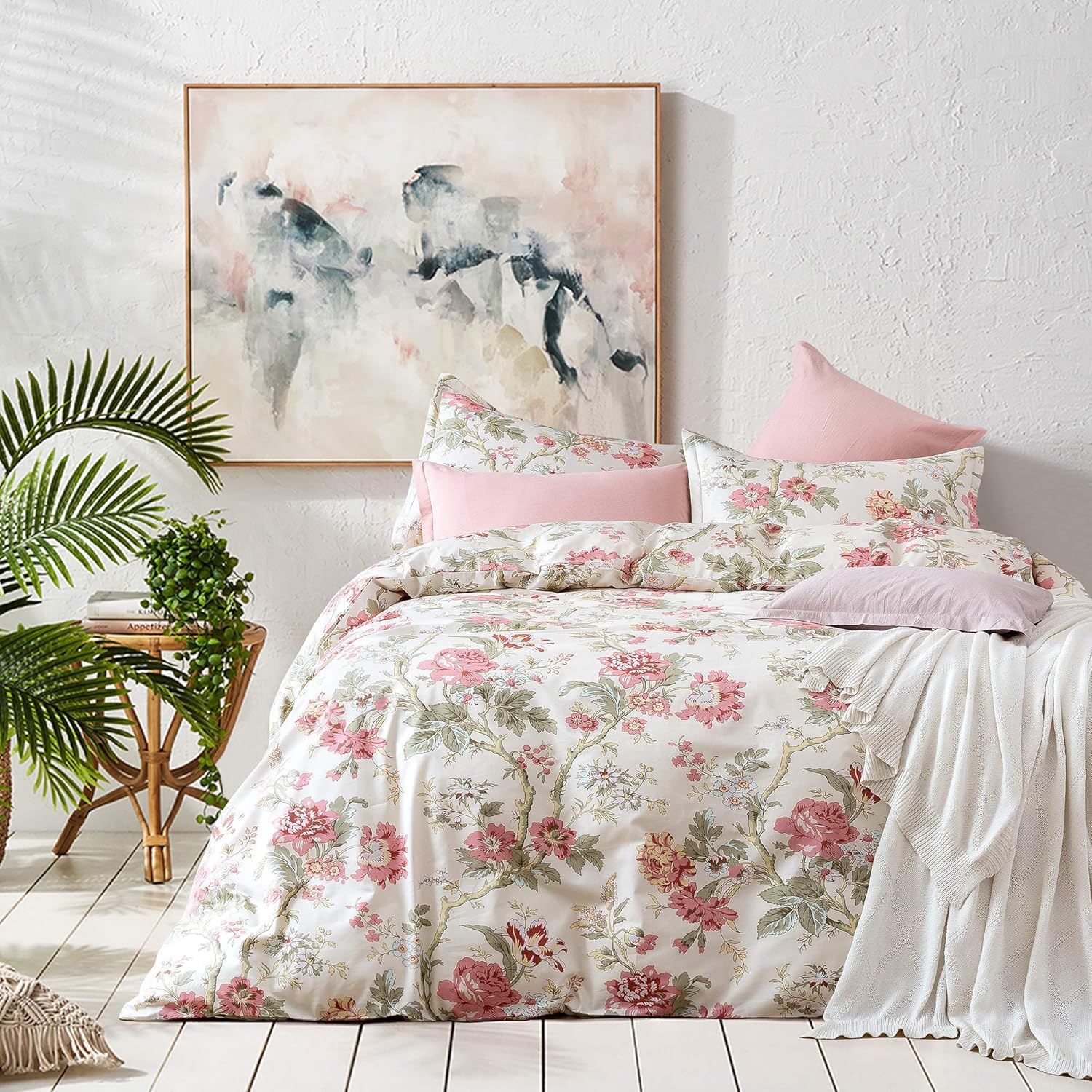 Juego de cama estilo asiático. Funda de edredón floreada de algodón, de árbol de peonía, diseño multicolor.