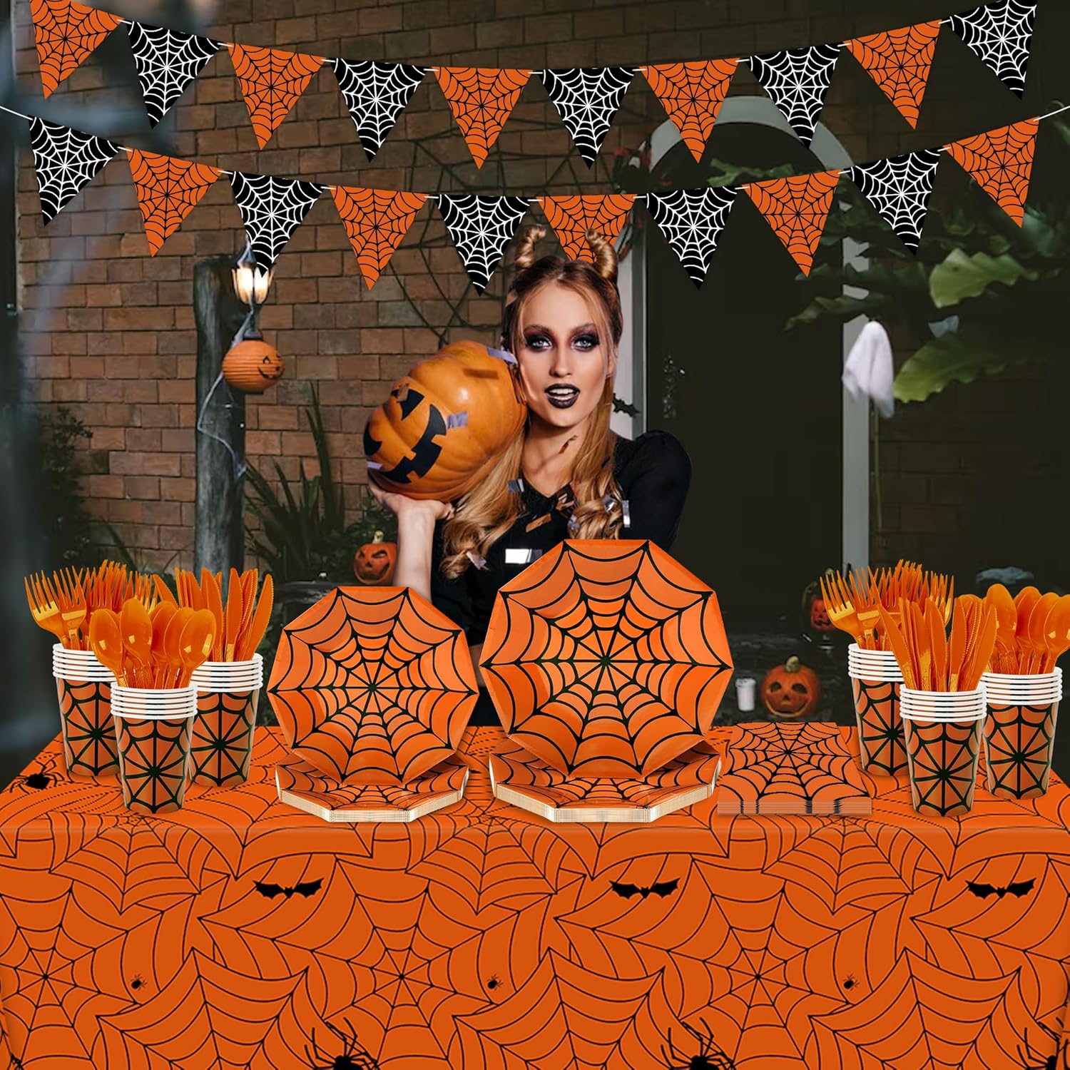 173 piezas de tela de araña de Halloween, suministros de telaraña naranja, juego de vajilla desechable para 24 platos de papel, servilletas, vasos,