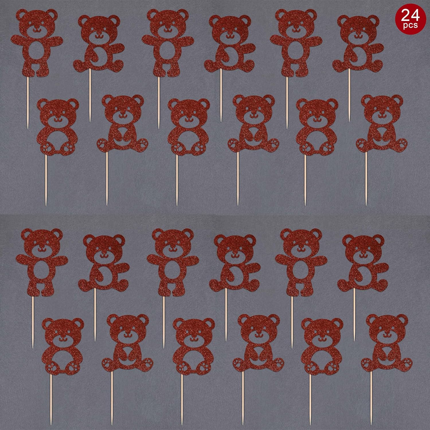 24 piezas de decoración para cupcakes de oso de bebé, con purpurina marrón, de doble cara, lindos osos para cupcakes, decoración de pasteles de
