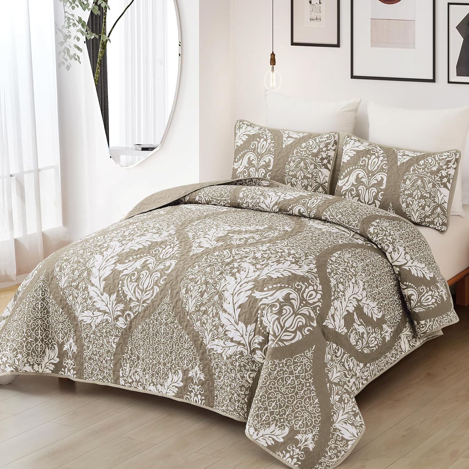 Juego de edredón beige tamaño Queen, juego de colcha bohemia de damasco tostado, juego de ropa de cama de lujo de microfibra suave y ligera de 3