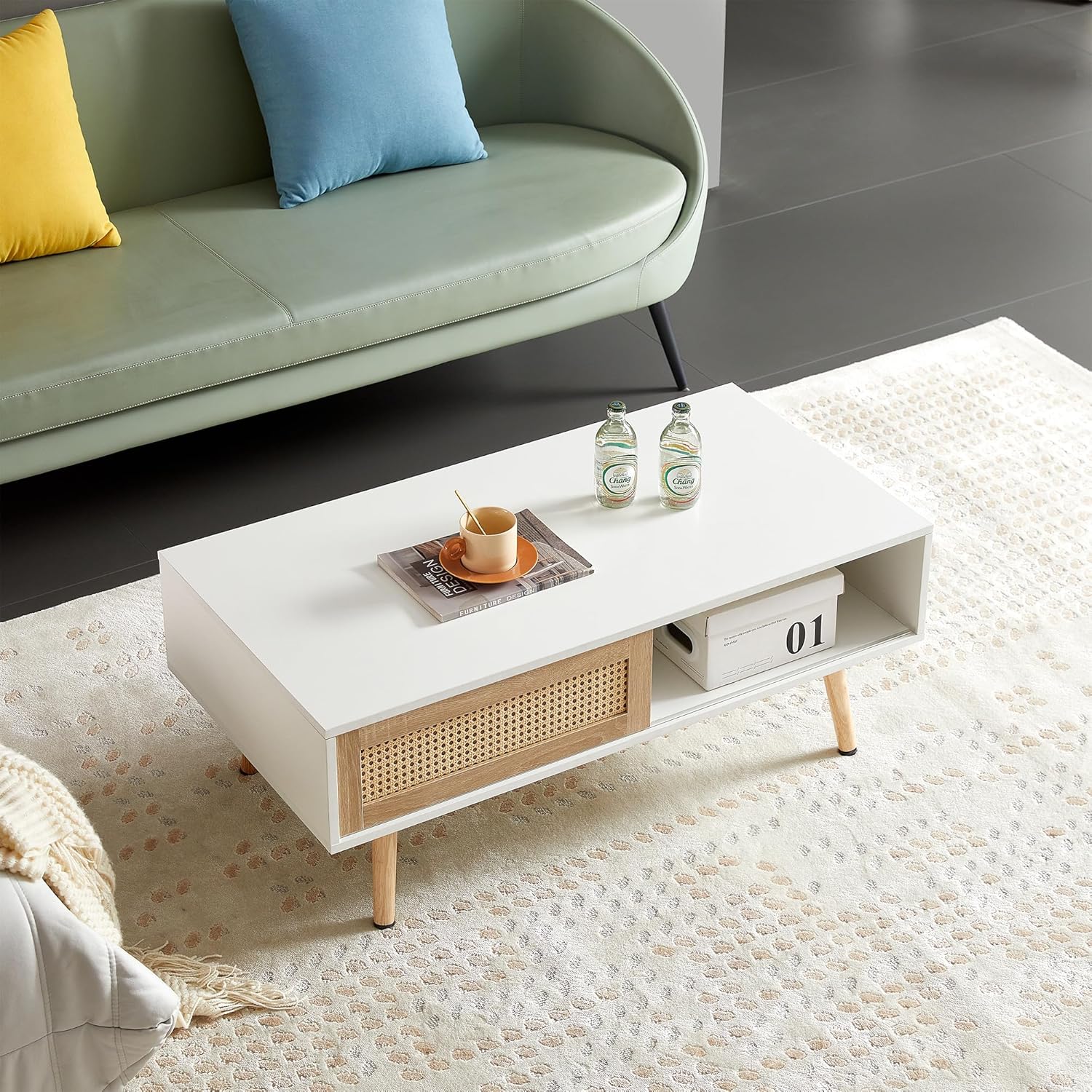 Mesa de centro de ratán para sala de estar, mesas centrales de sofá Mordern blanco, patas de madera maciza, mesa central rectangular para