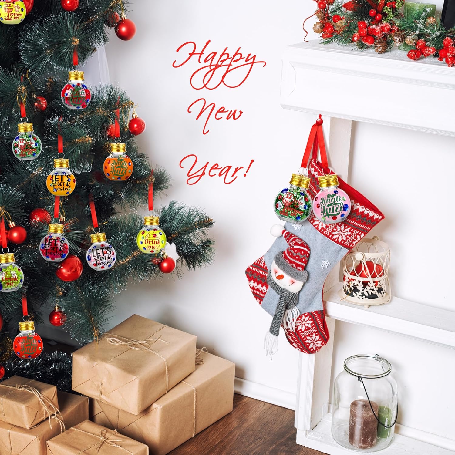 Aodaer Paquete de 48 bolas de Navidad rellenables con calcomanías, adornos redondos transparentes para árbol de Navidad, botellas de agua, botellas