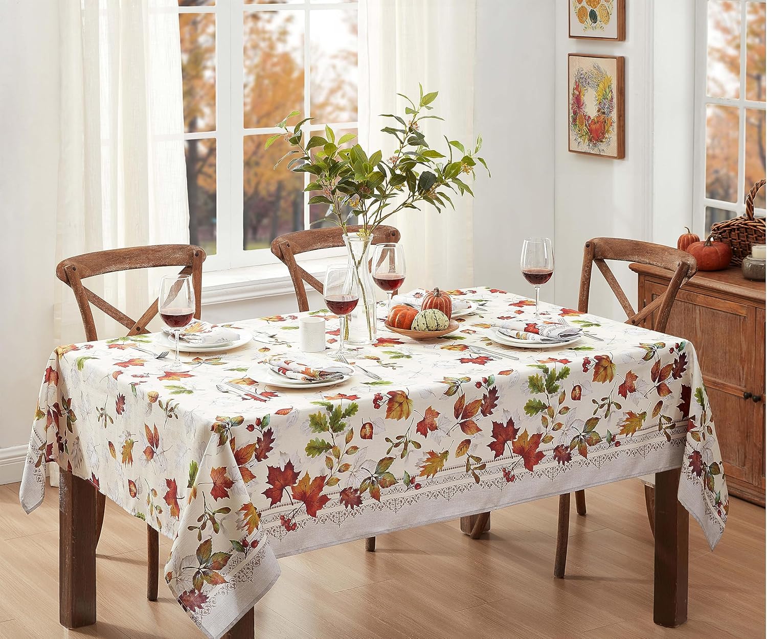 Newbridge Autumn Essentials – Mantel de tela con borde de follaje de otoño, hojas cambiantes, de fácil cuidado, a prueba de manchas, resistente a
