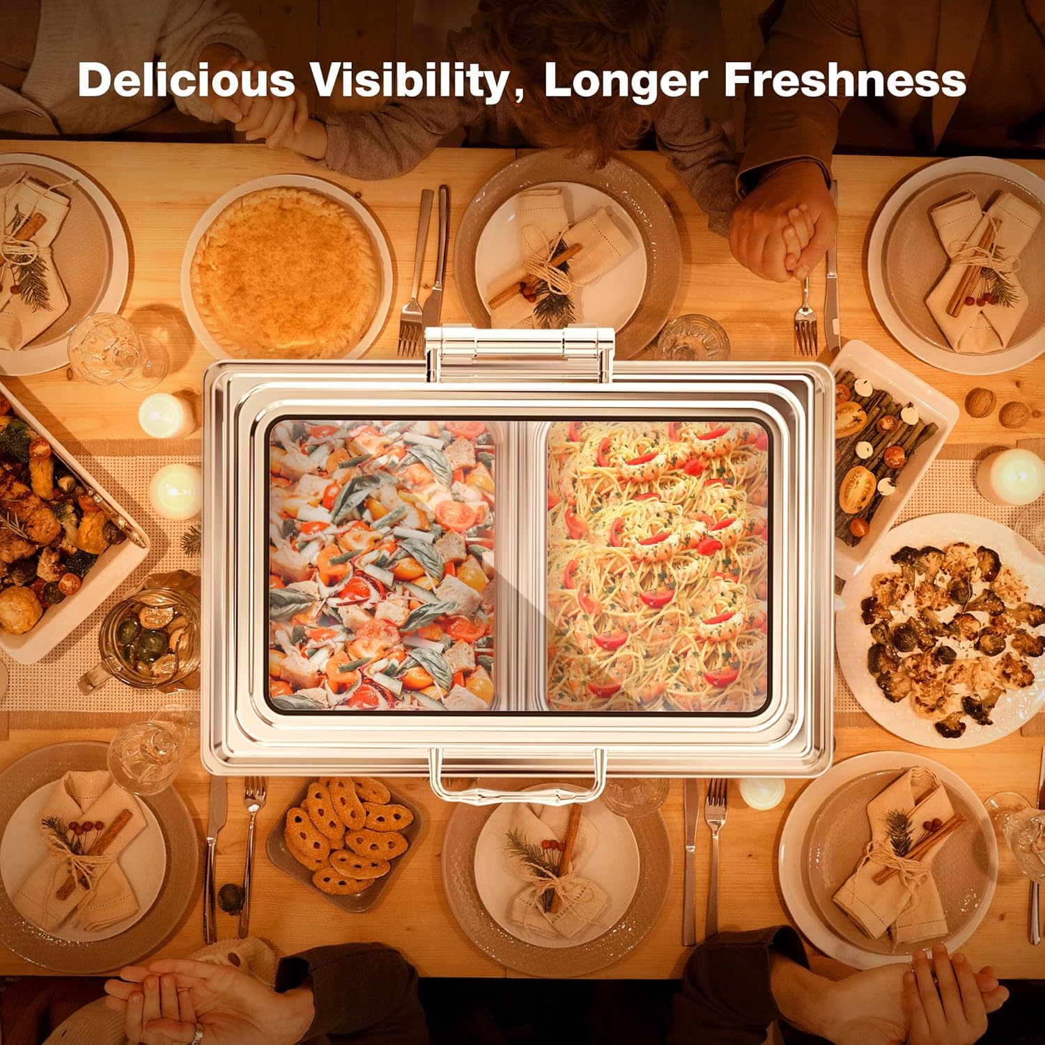 Juego de platos de bufé de 9.5 cuartos de galón, platos rectangulares para bufé con tapa de vidrio, utensilios de servir, chafers de acero