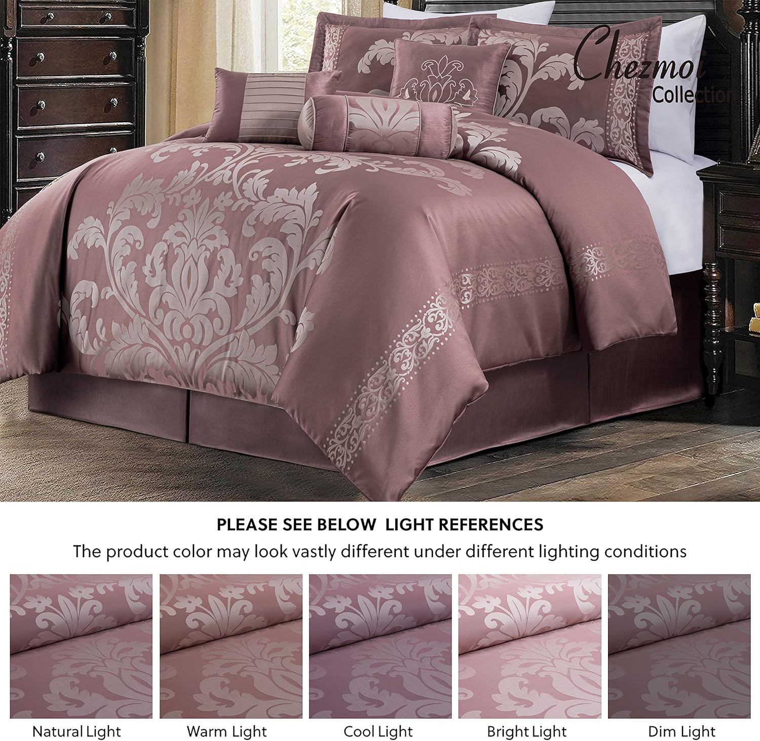 Chezmoi Collection Juego de edredón floral jacquard de 7 piezas (King, Woodrosegris)