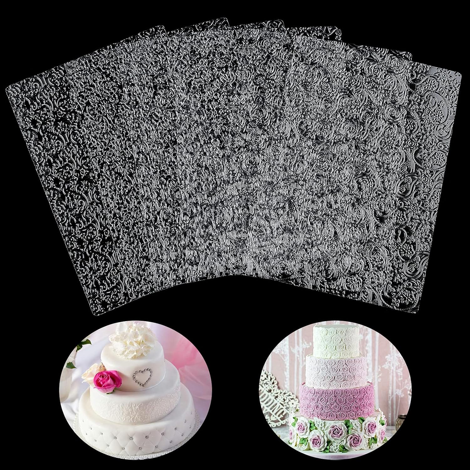 Ocmoiy Paquete de 6 tapetes de impresión de fondant, juego de moldes de fondant, en relieve, retro, barroco, cachemira, rosa, diamante, vid de