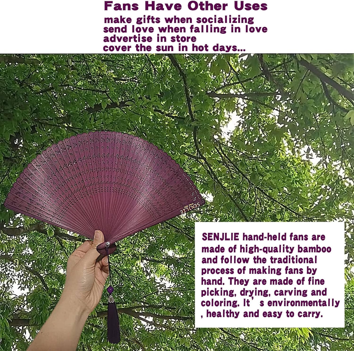 SENJLIE – Abanico plegable de bambú hecho a mano de 7 pulgadas (7.1in) para mujer, ventilador de mano plegable de madera chinajaponesa con bolsa de