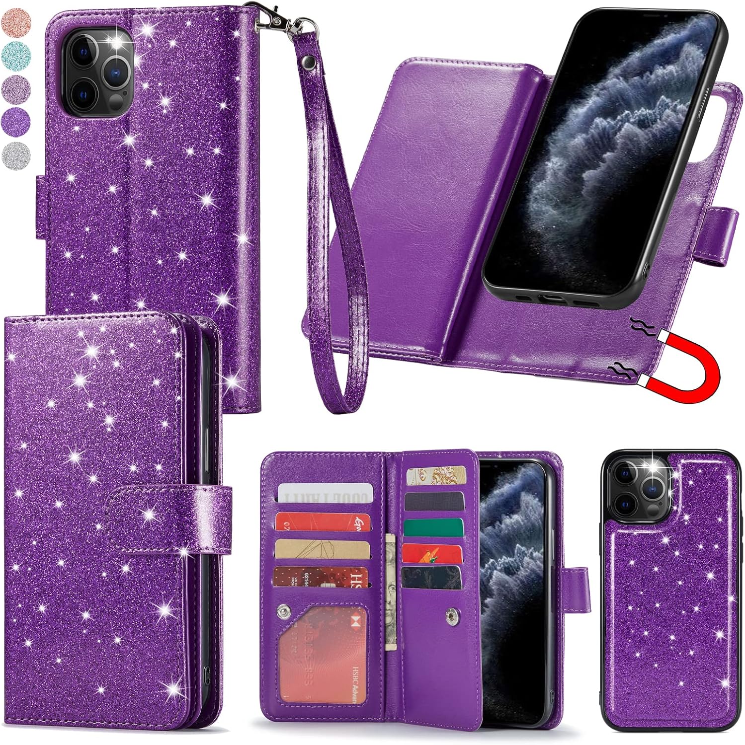 Varikke Funda tipo cartera para iPhone 11 Pro Max, funda magnética desmontable para mujer con tarjetero, soporte y correa para la muñeca, se adapta