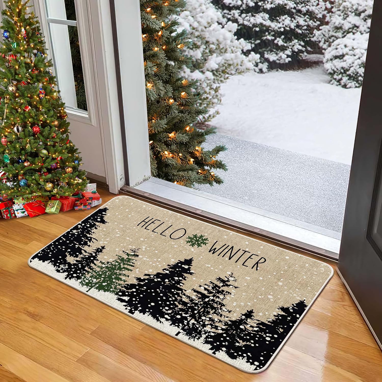 Tapete de árbol negro de Navidad, tapete para puerta de invierno, bosque frío, copos de nieve, tapete delantero de bajo perfil, tapete de Navidad