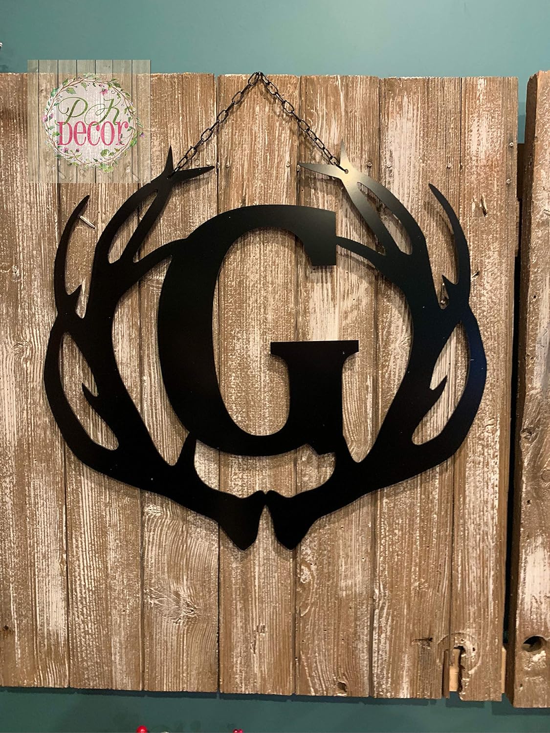 PK Decor Personalized ACM Metal Sign Deer Antler Decorations for Rustic Home Wall Decor, Customizable Last Name Initial Monogram Sign, Buck Antler