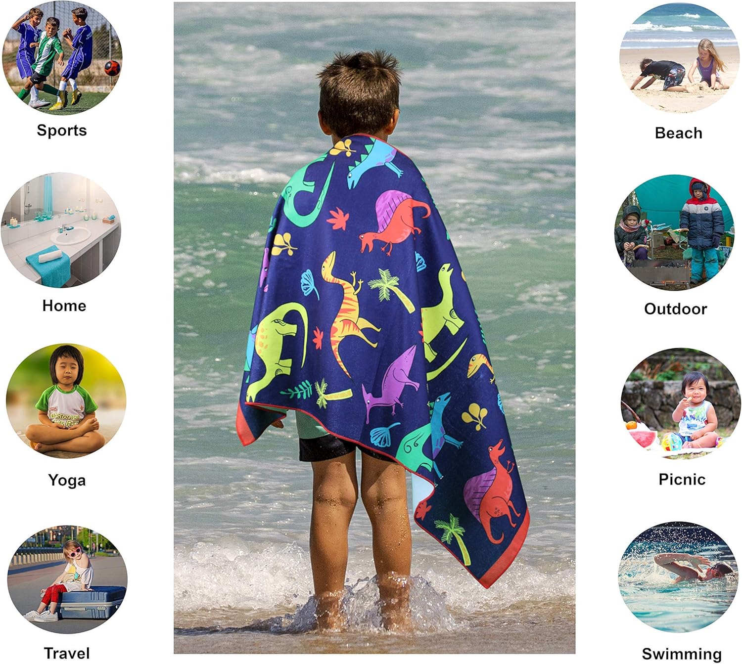 Toalla de playa de microfibra para niños, delgada y grande (30 x 60 pulgadas), dinosaurio, absorbente, de secado rápido, sin arena, ligera, manta