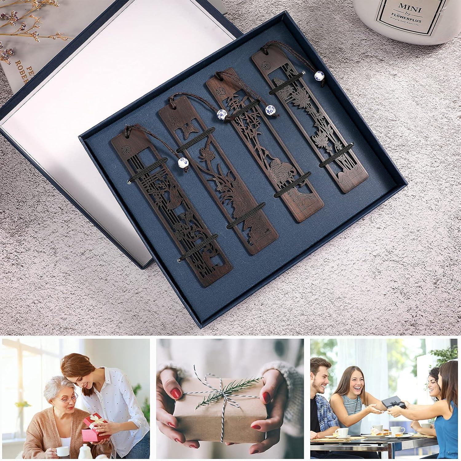 Marcapáginas de madera de 4 piezas para hombres y mujeres, amantes de los libros, hecho a mano de madera natural, marcapáginas para libros tallados,