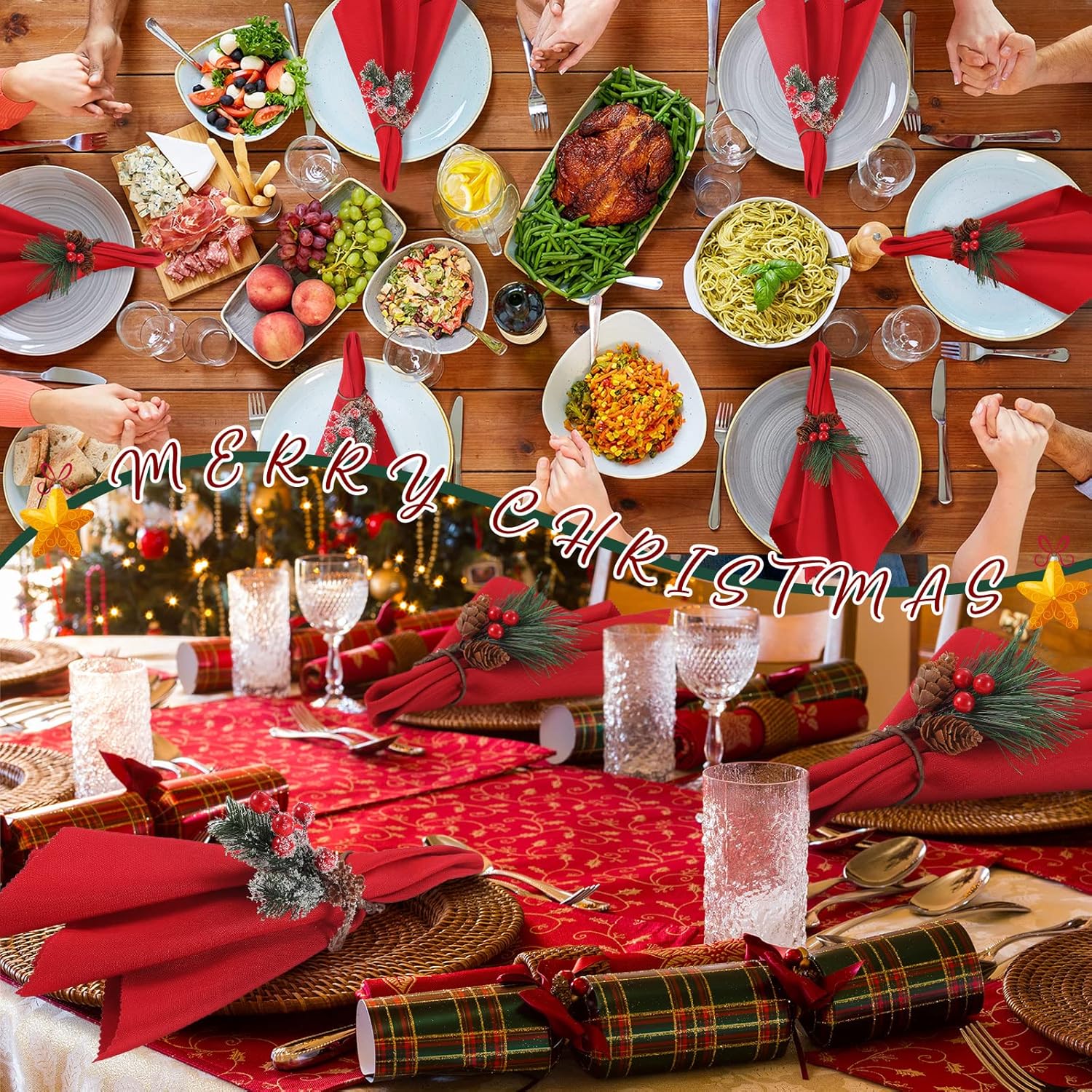 Sliner Juego de 24 servilletas y anillos de Navidad, 12 servilletas de Navidad lavables de color rojo y 12 servilleteros de Navidad para cenas