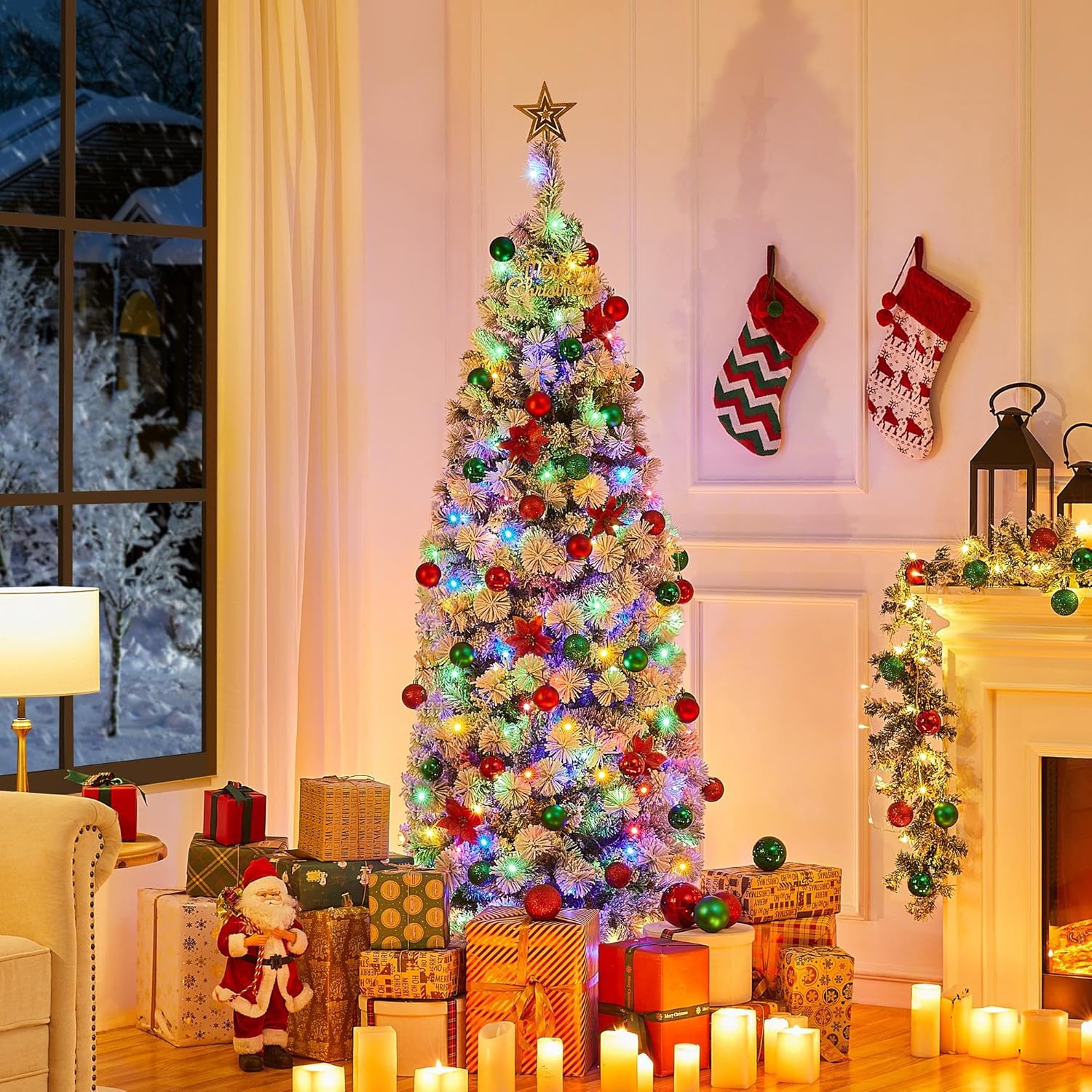 Yaheetech Árbol de Navidad flocado de nieve preiluminado de 6 pies, pino artificial con bisagras de alta calidad con 250 luces LED coloridas y 564