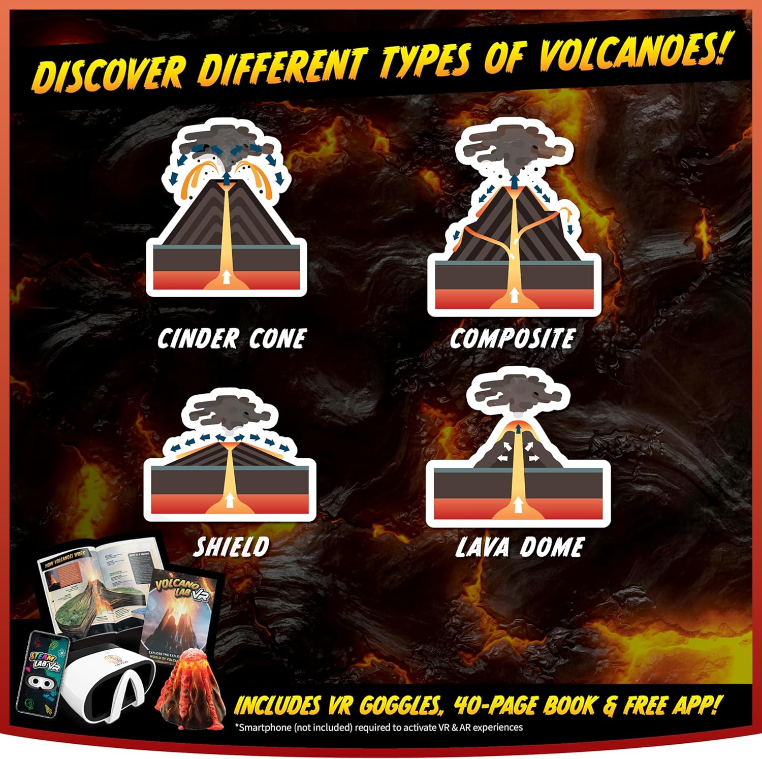 Abacus Brands STEAM Volcano Lab VR – Construye y erupta tu propio volcán – Kit de ciencia para niños de realidad virtual, libro y juego de