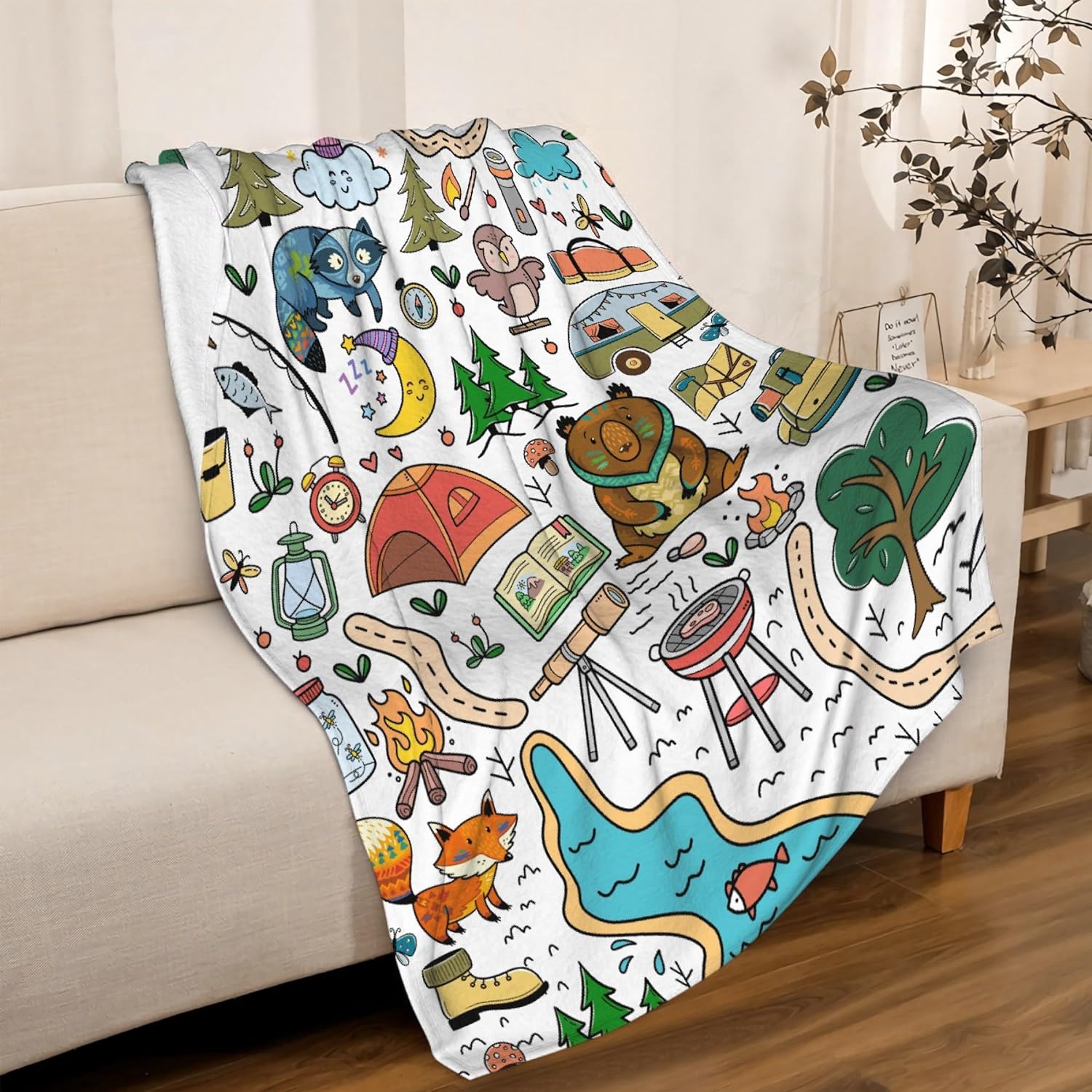 Manta de camping para niños, manta suave para acampar, bonita manta de franela de felpa para decoración de dormitorio, sofá, cama, viajes al aire