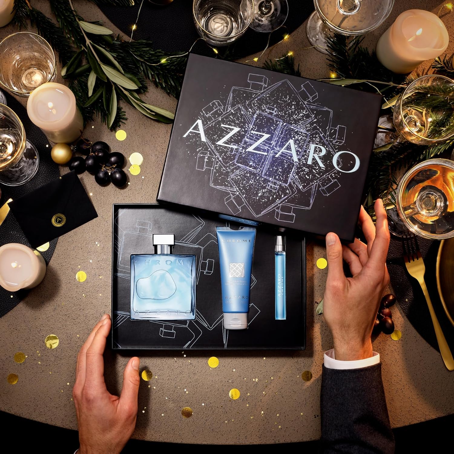 Azzaro Eau de Toilette cromado, juego de regalo de colonia fresca para hombre, juego de vacaciones de 3 piezas, incluye fragancias de tamaño