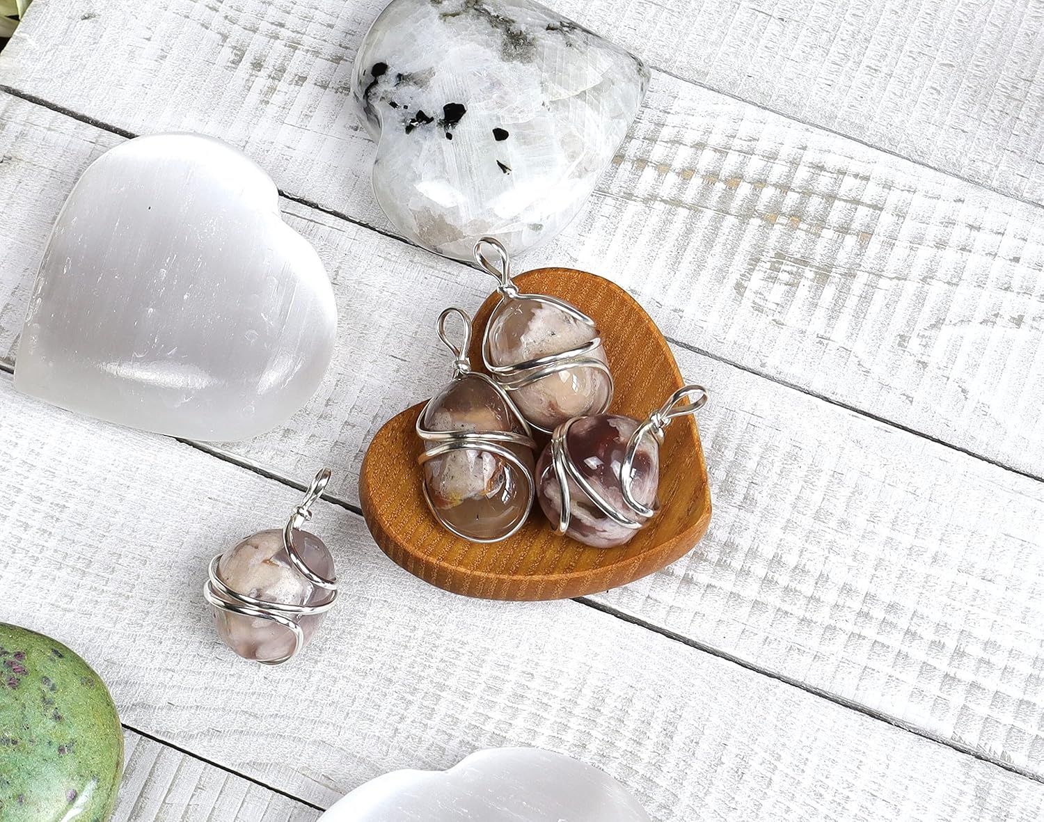 Collar de cristal de ágata de flores, colgante envuelto en alambre de ágata de flor de cerezo. Cristal curativo para calma, estabilidad y